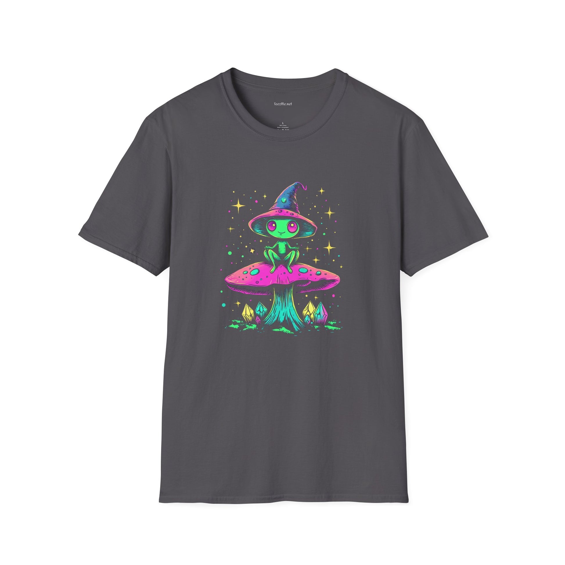 Alien sitting on mushroom - Unisex Softstyle T-Shirt 100% Cotton Graphic