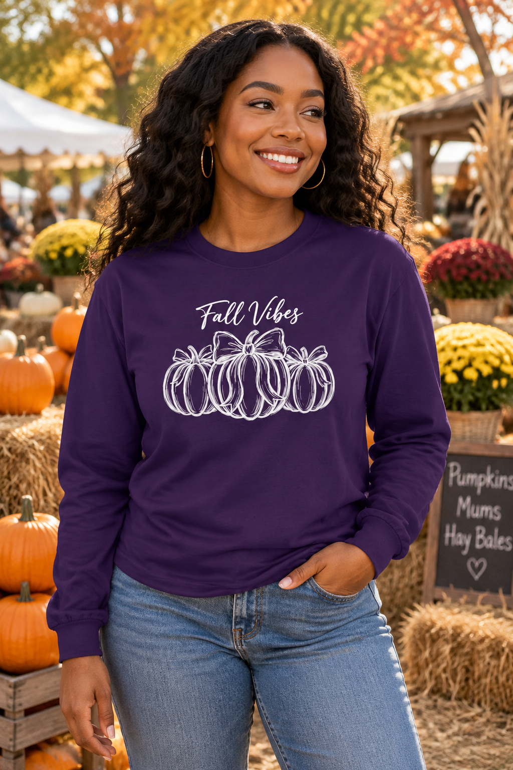 Fall Vibes Long Sleeve Tee — White Pumpkin Graphic