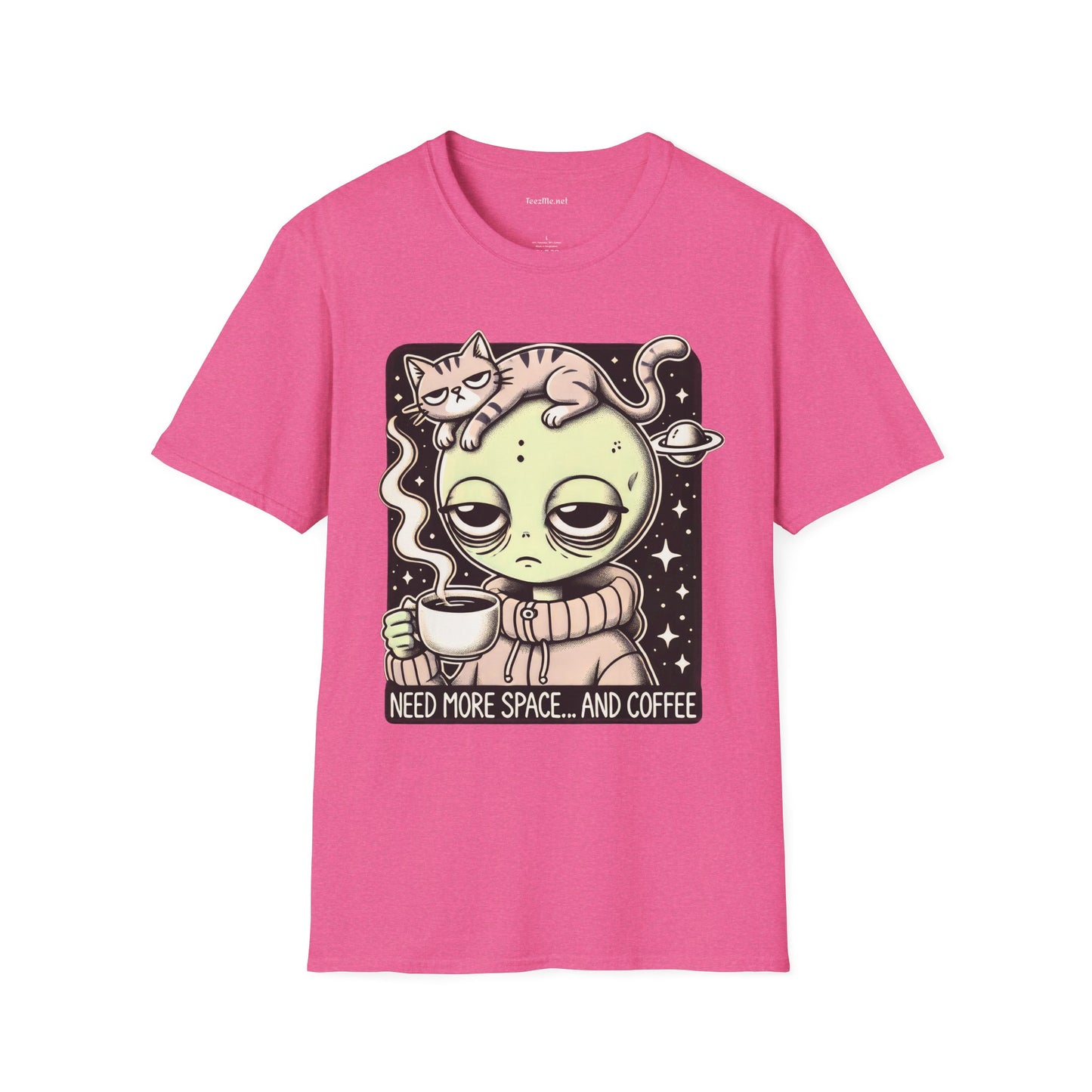 Sleepy Alien with Cat Unisex Softstyle T-Shirt 100% Cotton Graphic