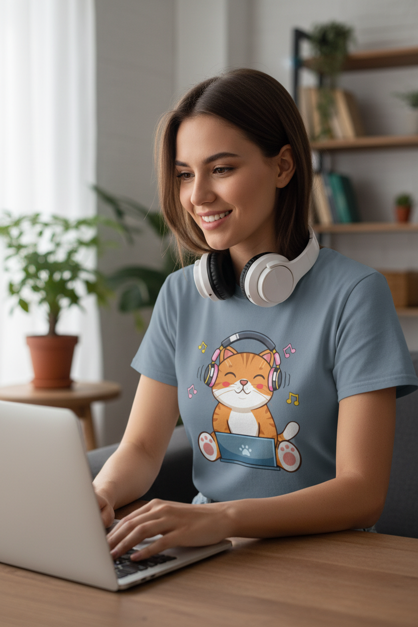 Cat with Headphones T-Shirt — Cute Music Kitty Tee