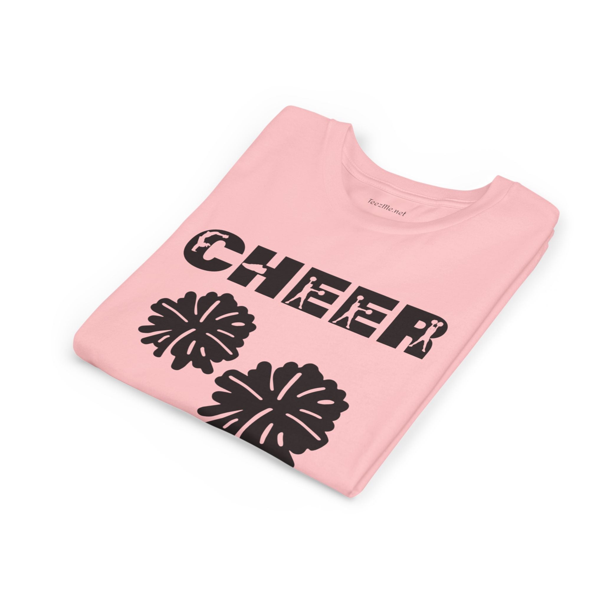 Youth Cheer T‑Shirt – 'CHEER' Graphic with Pom Poms | Kid Cheerleader Tee for Practice & Games