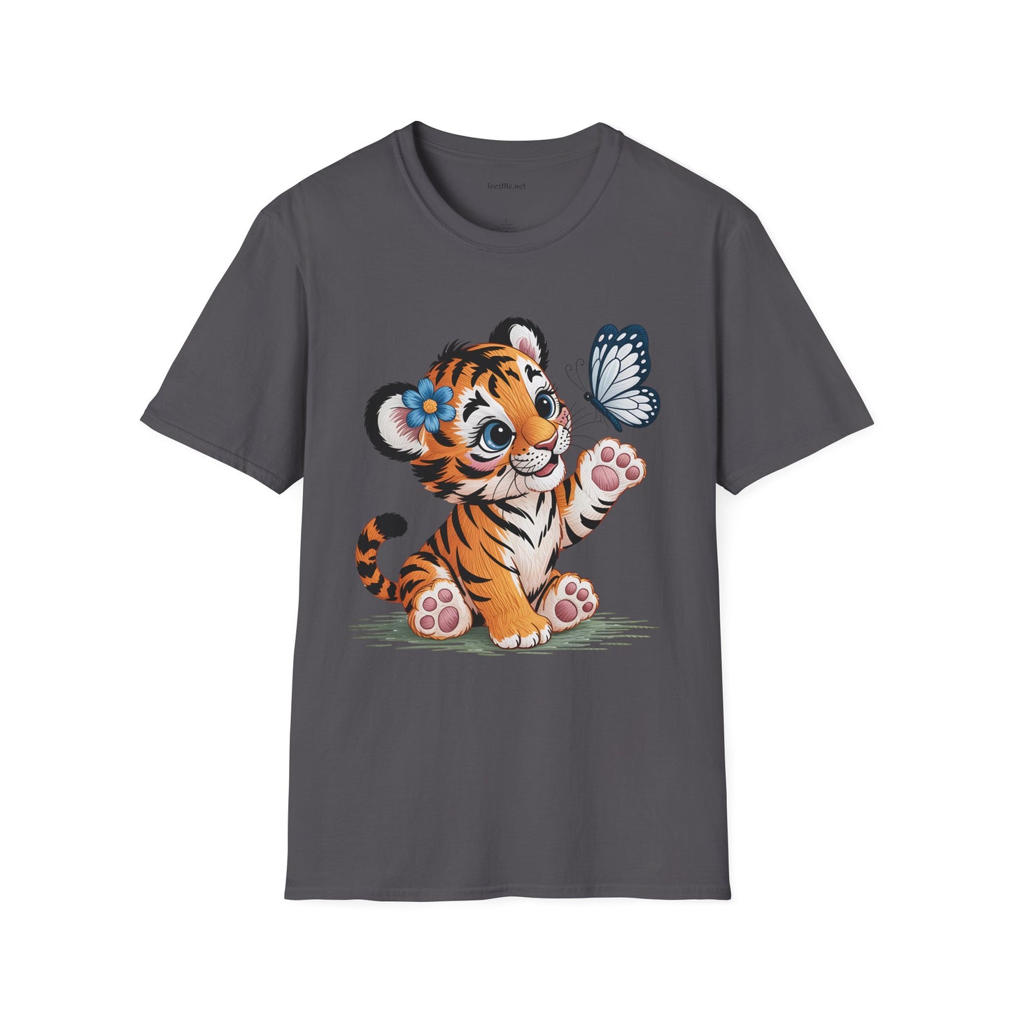 Cute Tiger Cub with Butterfly Unisex Softstyle T-Shirt 100% Cotton Graphic