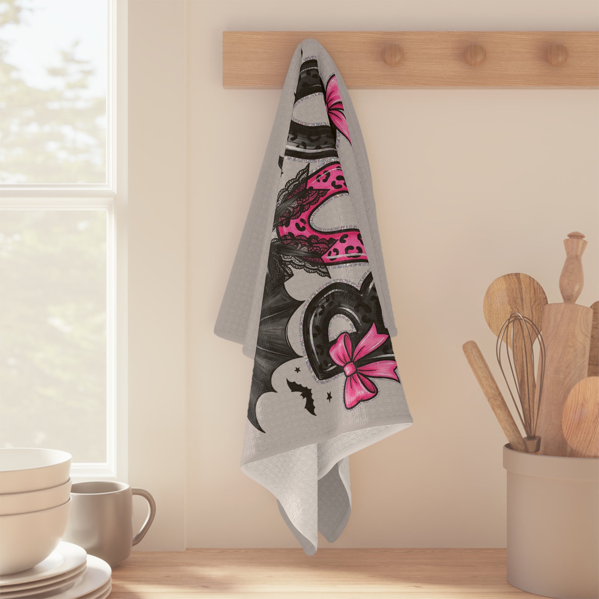 Pink Bat "BOO" Halloween Tea Towel — Cute Spooky Kitchen Decor