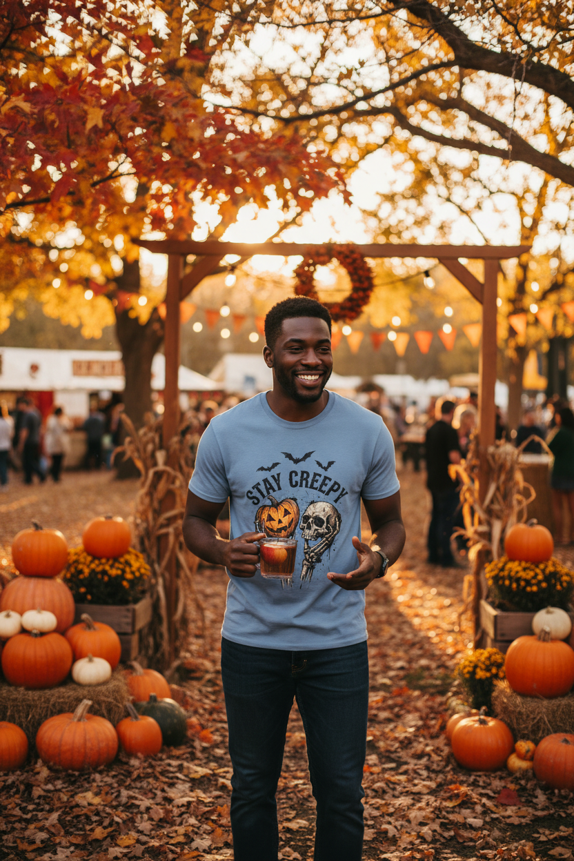 Stay Creepy Halloween T-Shirt — Pumpkin & Skull Spooky Graphic Tee