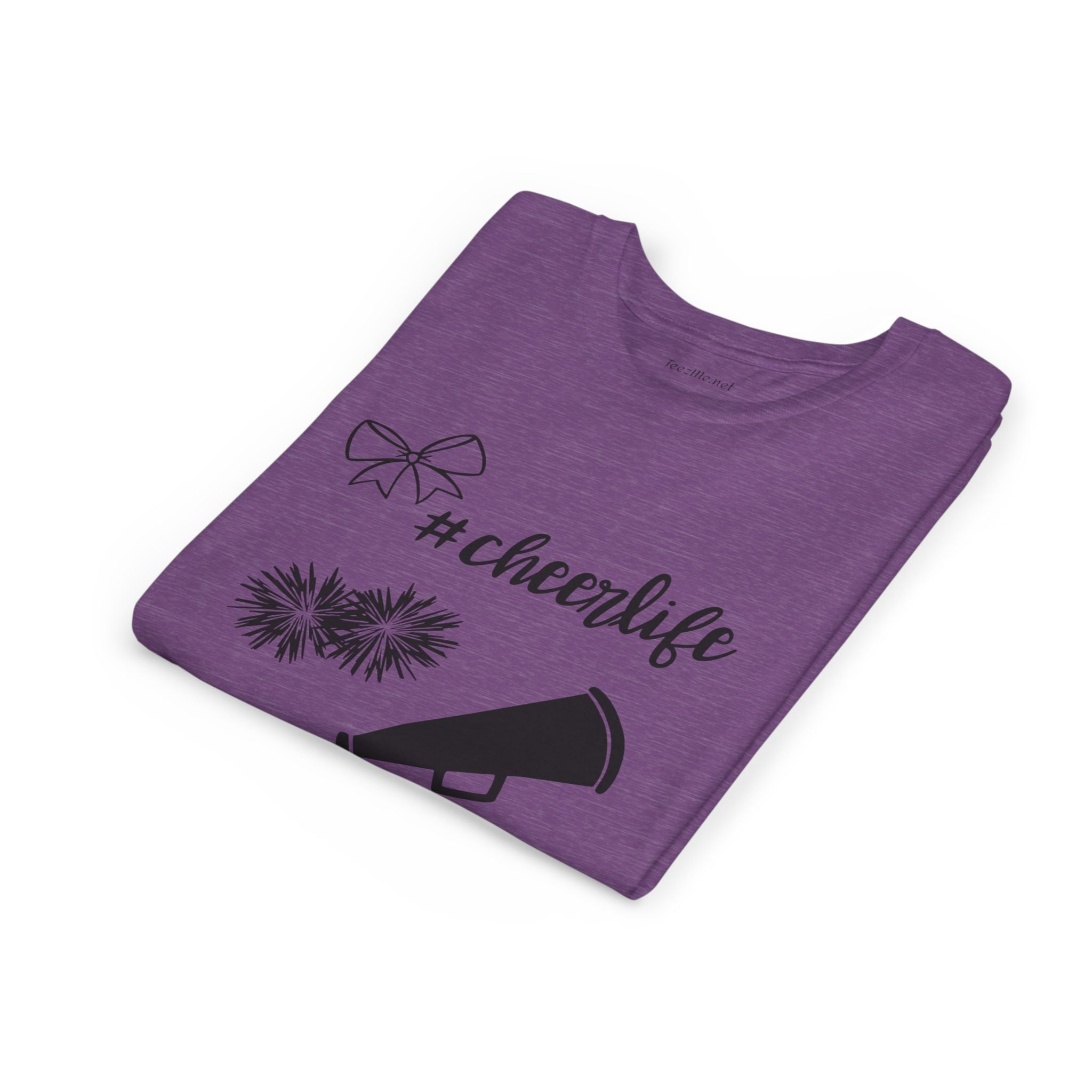 Youth Cheer Tee – "#cheerlife" Megaphone, Pom-Poms & Bow Graphic