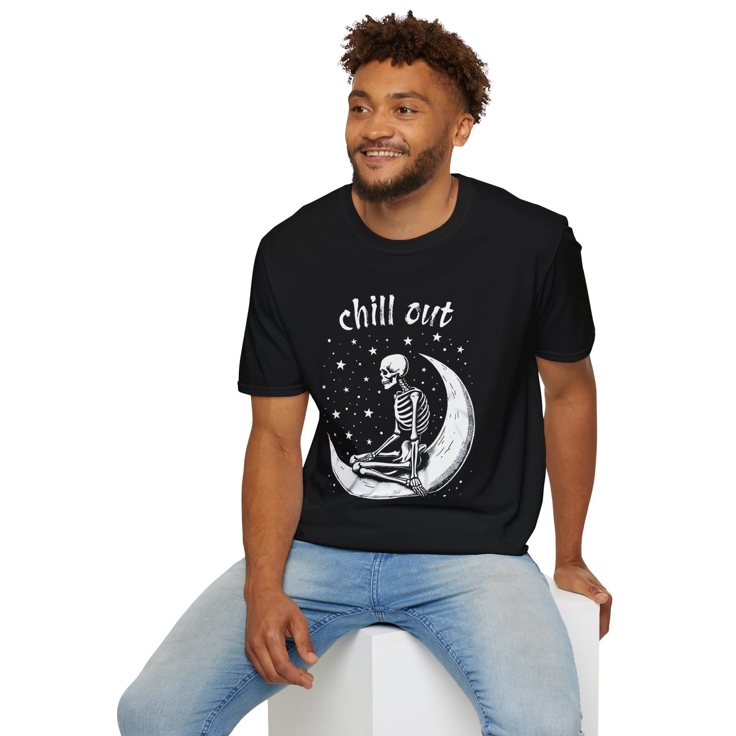 Chill out with skeleton on moon - Unisex Softstyle T-Shirt 100% Cotton Graphic