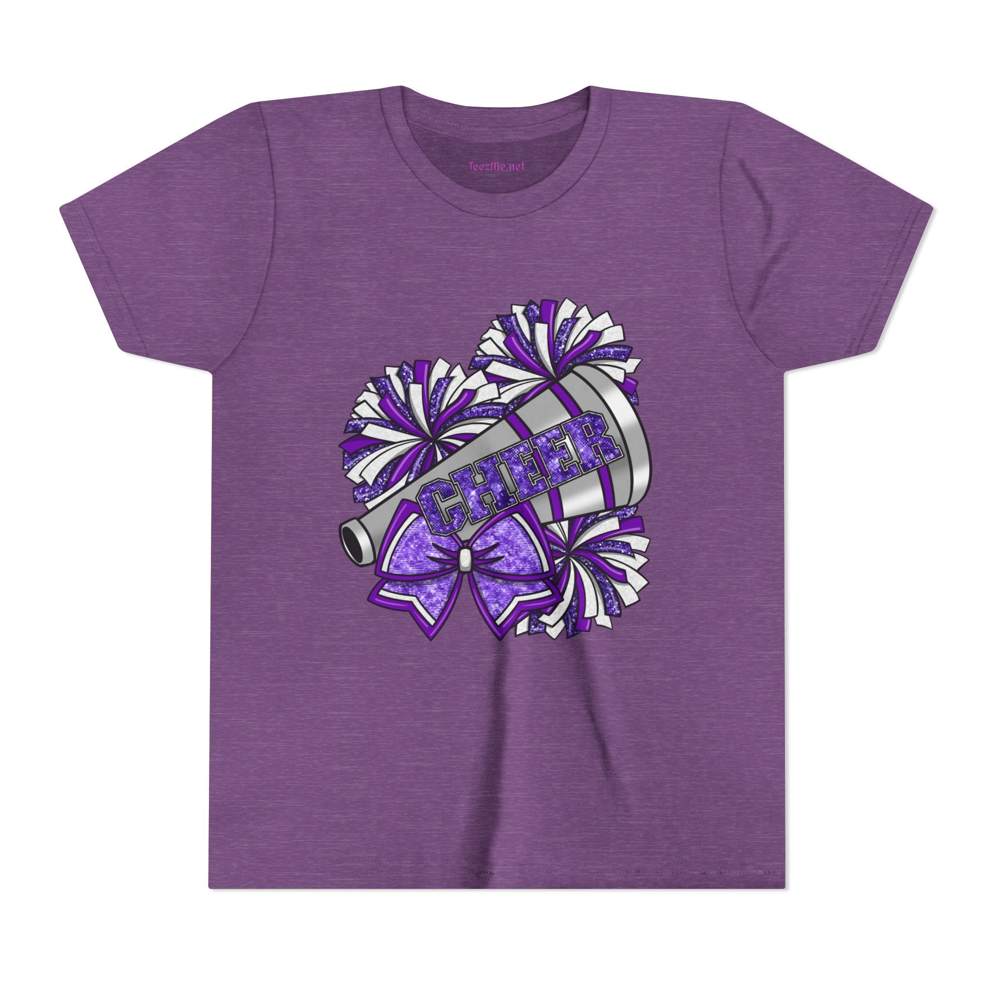 Youth Cheerleader Tee — Purple Pom-Pom & Megaphone Cheer Shirt