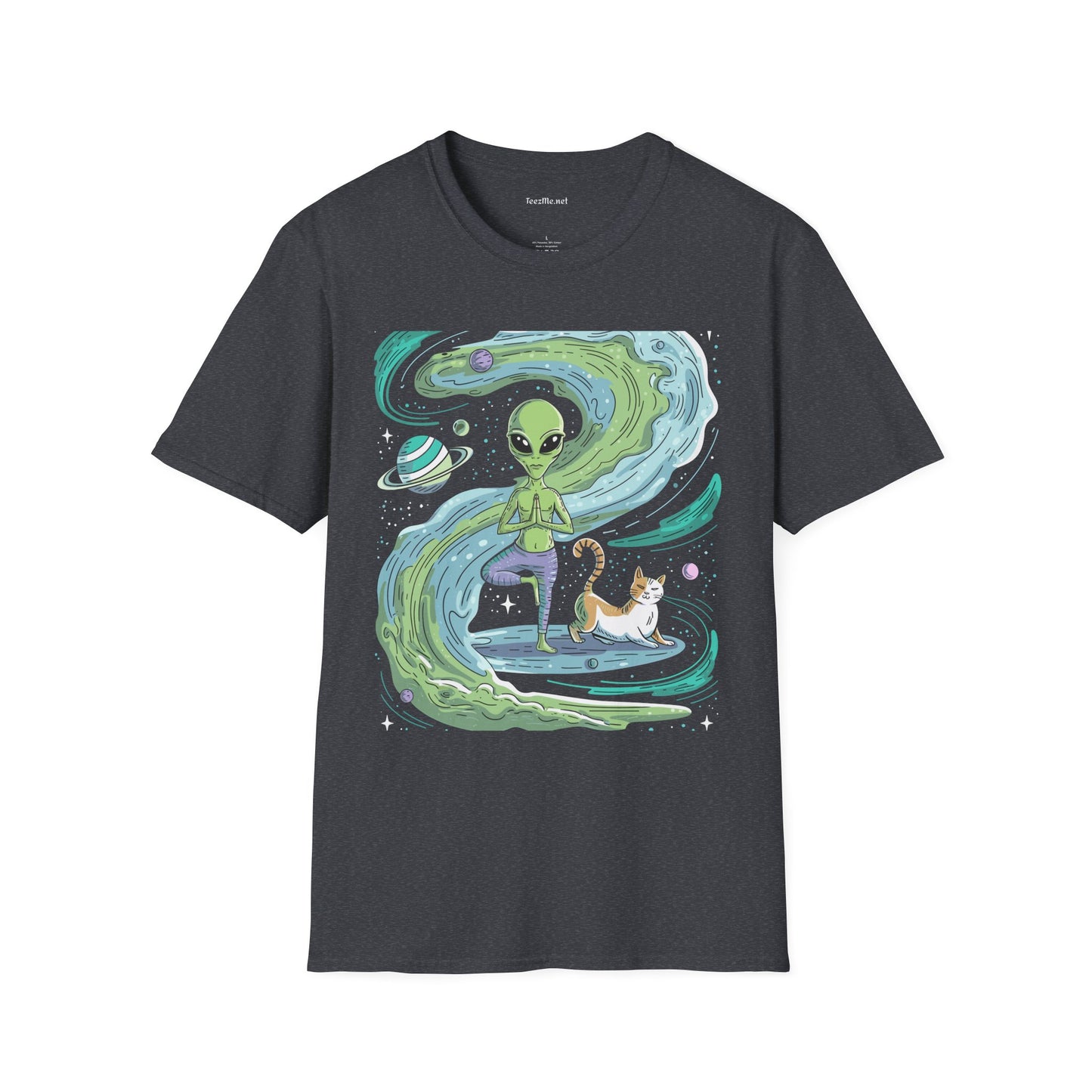 Yoga Alien with Cat Unisex Softstyle T-Shirt 100% Cotton Graphic