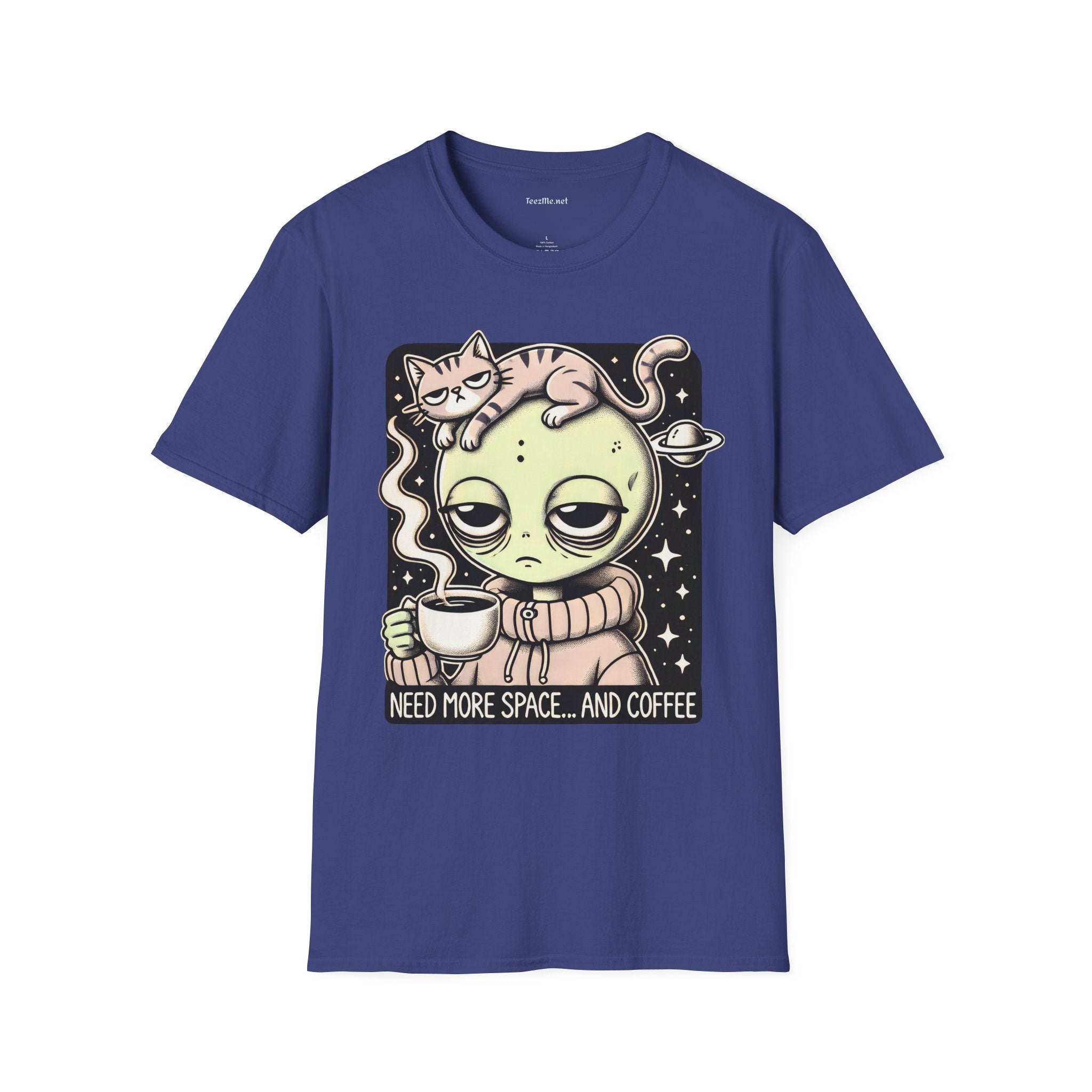 Sleepy Alien with Cat Unisex Softstyle T-Shirt 100% Cotton Graphic