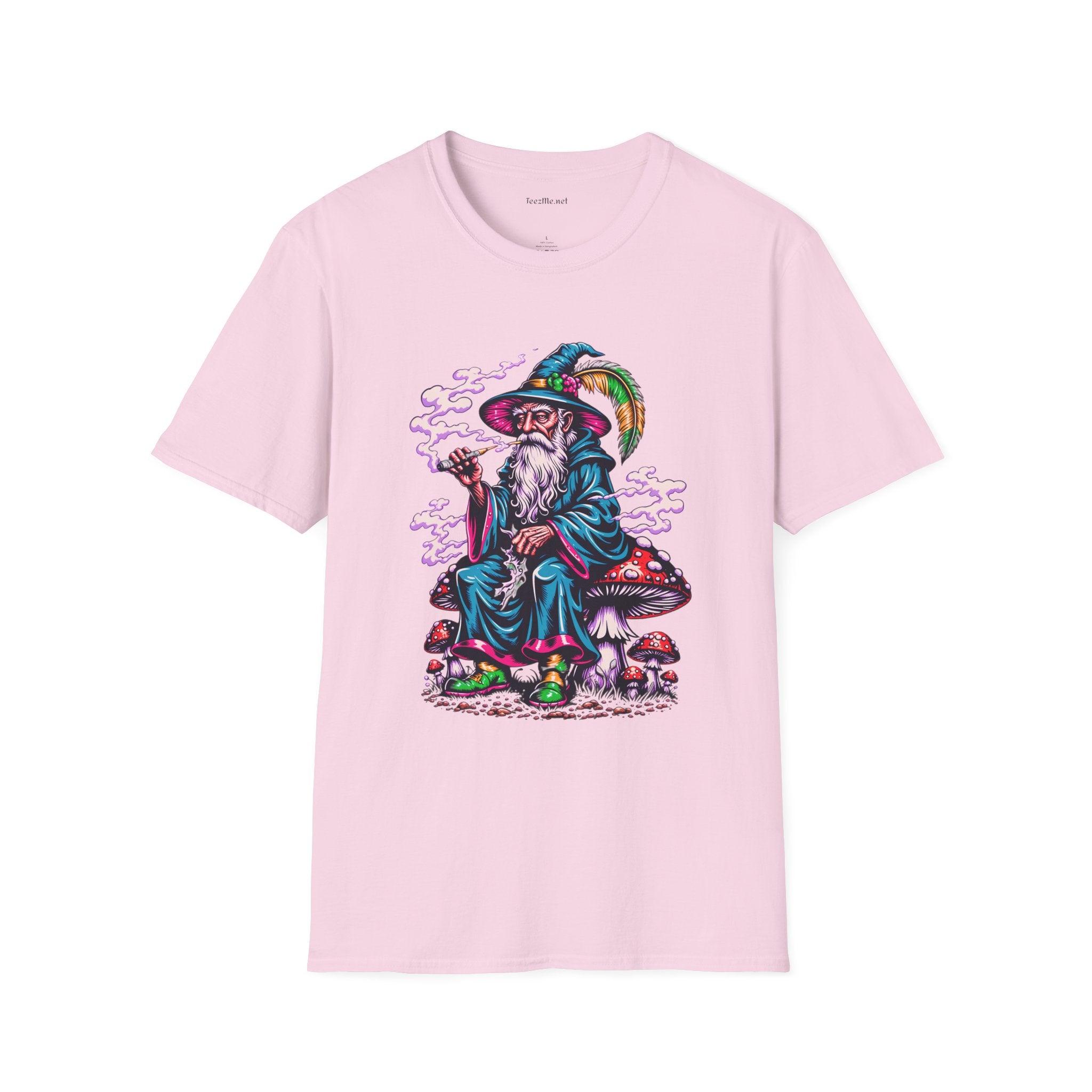 Psychedelic Smoking Wizard on Mushrooms Fantasy Unisex Softstyle T-Shirt 100% Cotton Graphic