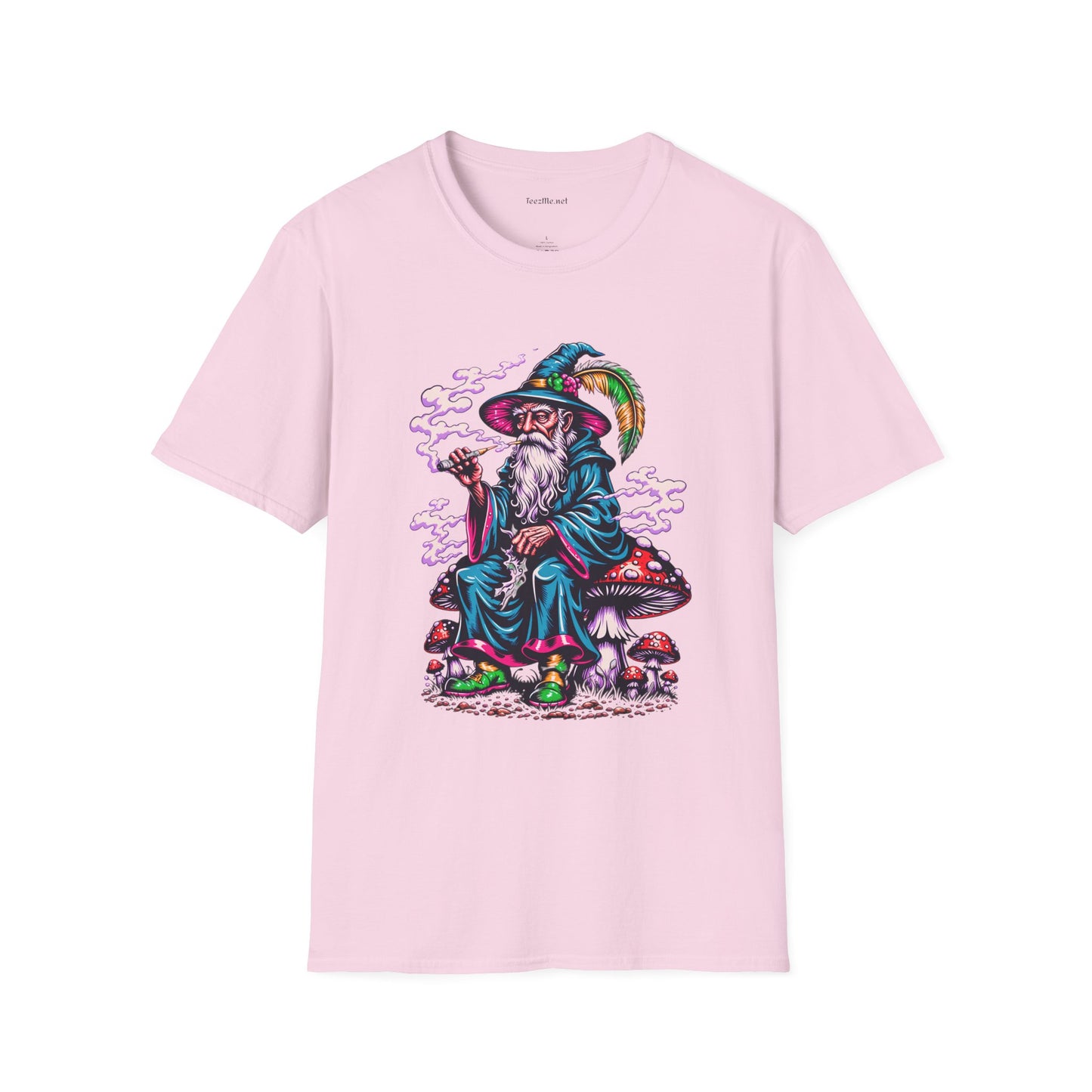 Psychedelic Smoking Wizard on Mushrooms Fantasy Unisex Softstyle T-Shirt 100% Cotton Graphic