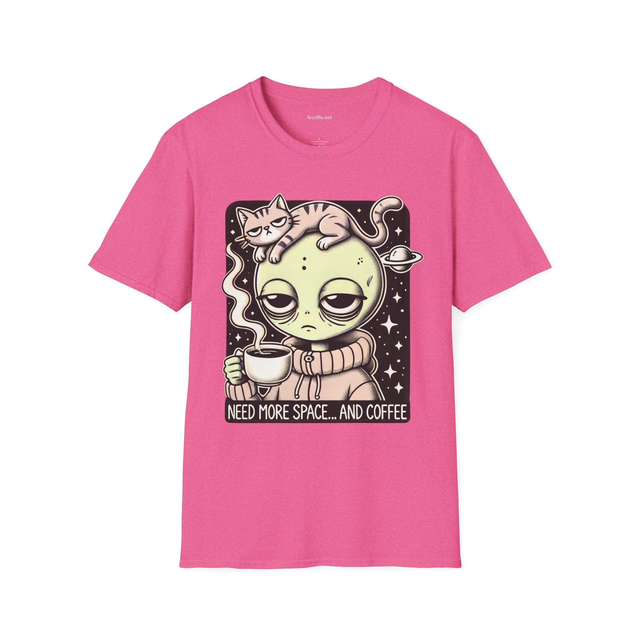 Sleepy Alien with Cat Unisex Softstyle T-Shirt 100% Cotton Graphic