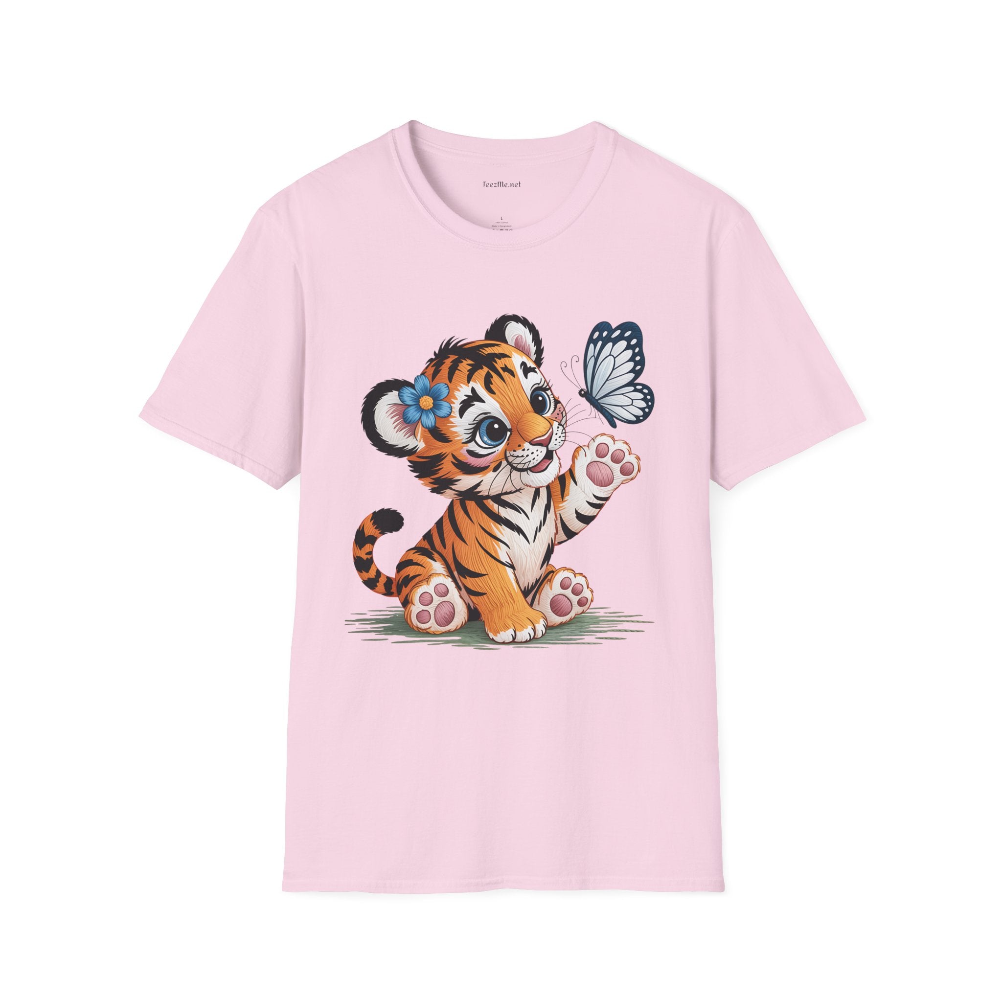 Cute Tiger Cub with Butterfly Unisex Softstyle T-Shirt 100% Cotton Graphic
