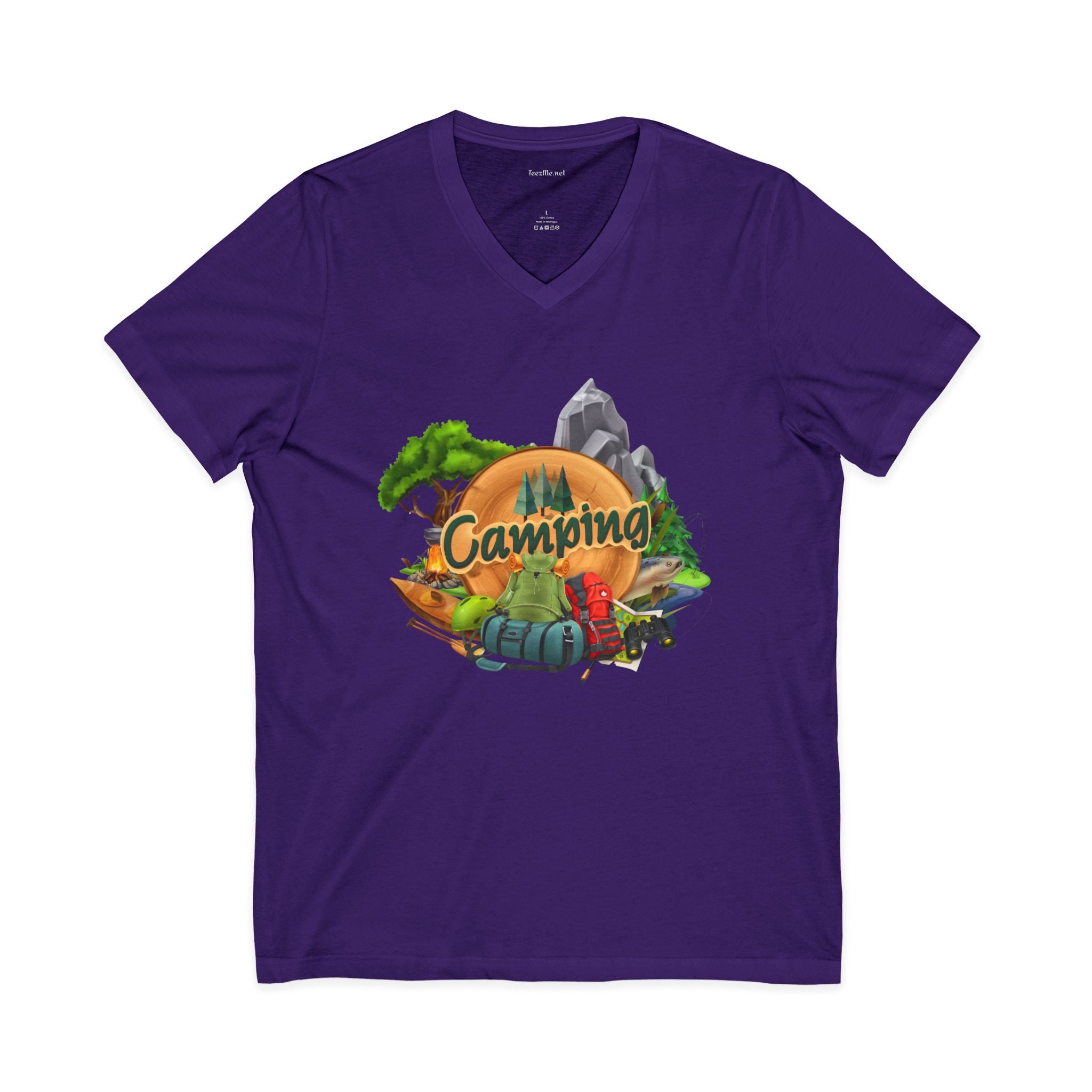 Camping Graphic V-Neck Tee — Outdoor Adventure Tent & Campfire Shirt