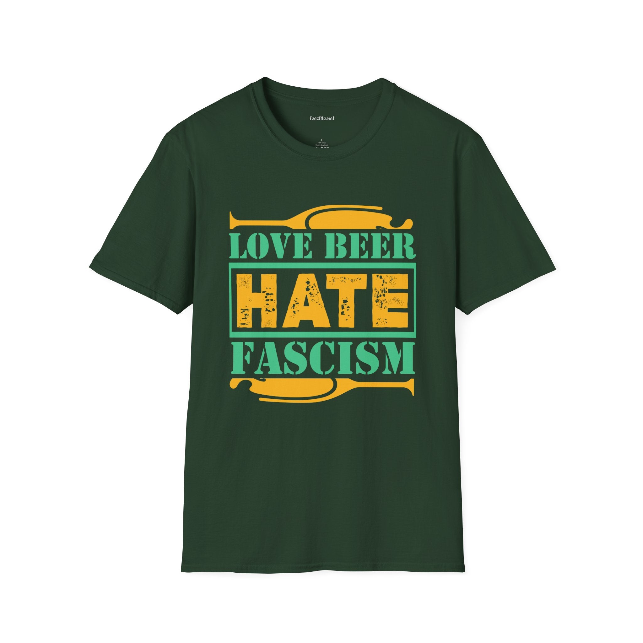 Love Beer Hate Fascism Unisex Soft Style T-Shirt 100% Cotton Graphic