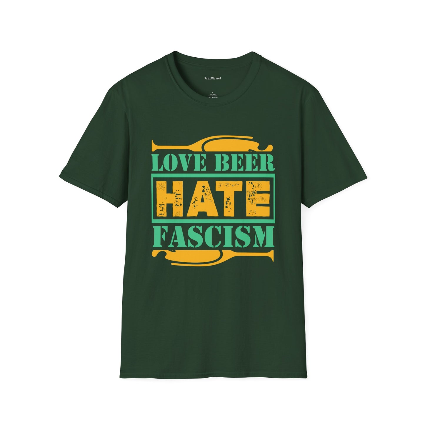 Love Beer Hate Fascism Unisex Soft Style T-Shirt 100% Cotton Graphic