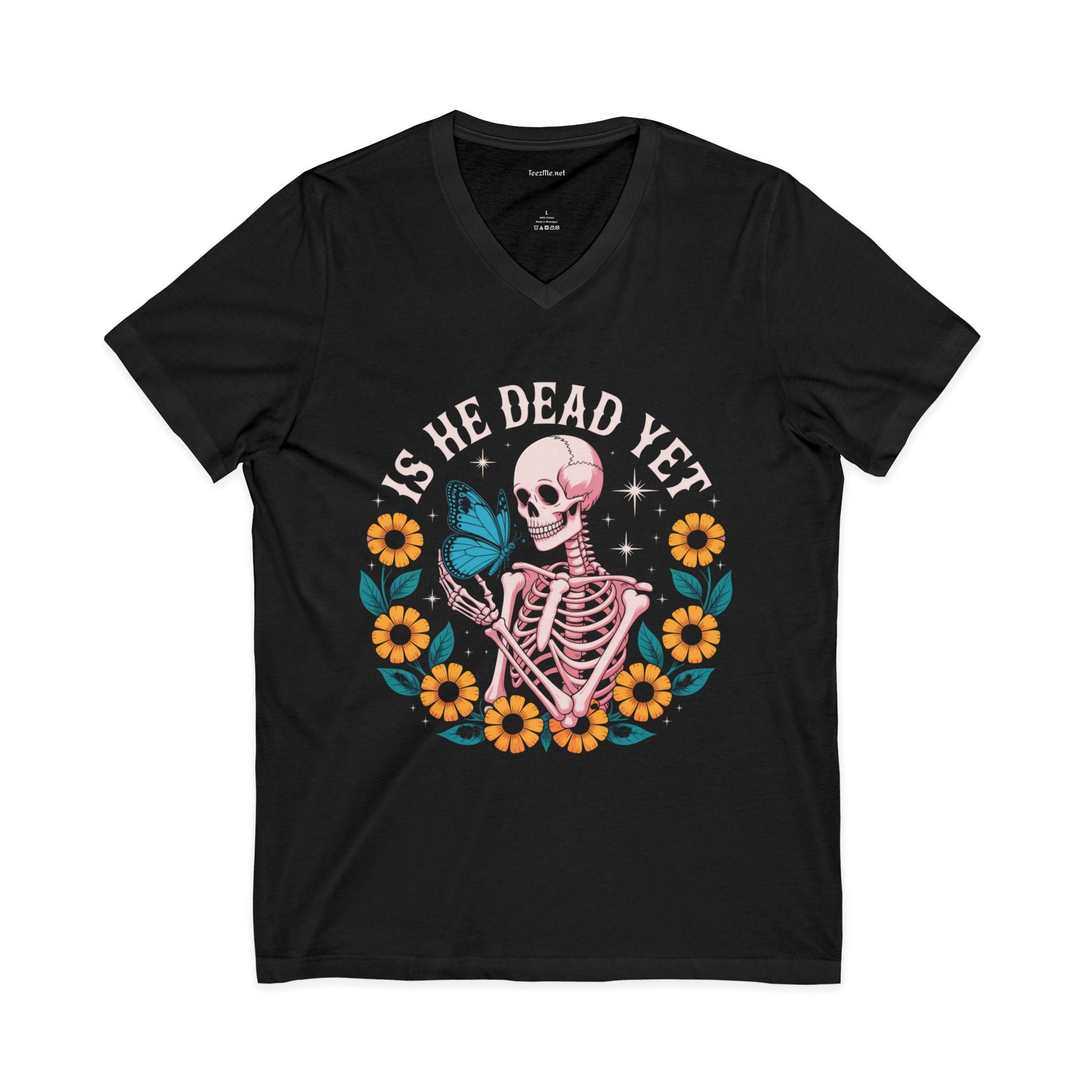 Is He Dead Yet? Skeleton Butterfly V-Neck Tee