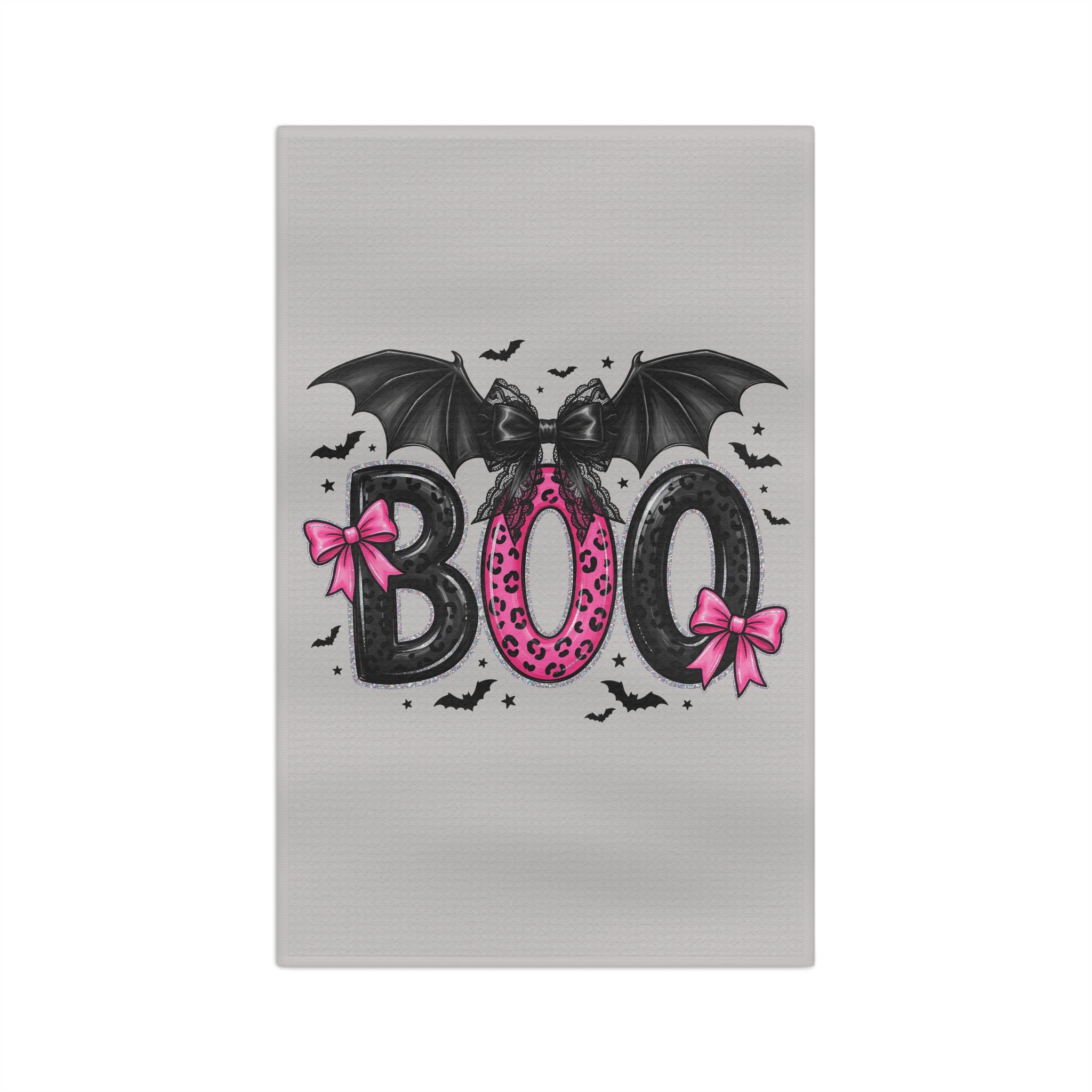 Pink Bat "BOO" Halloween Tea Towel — Cute Spooky Kitchen Decor