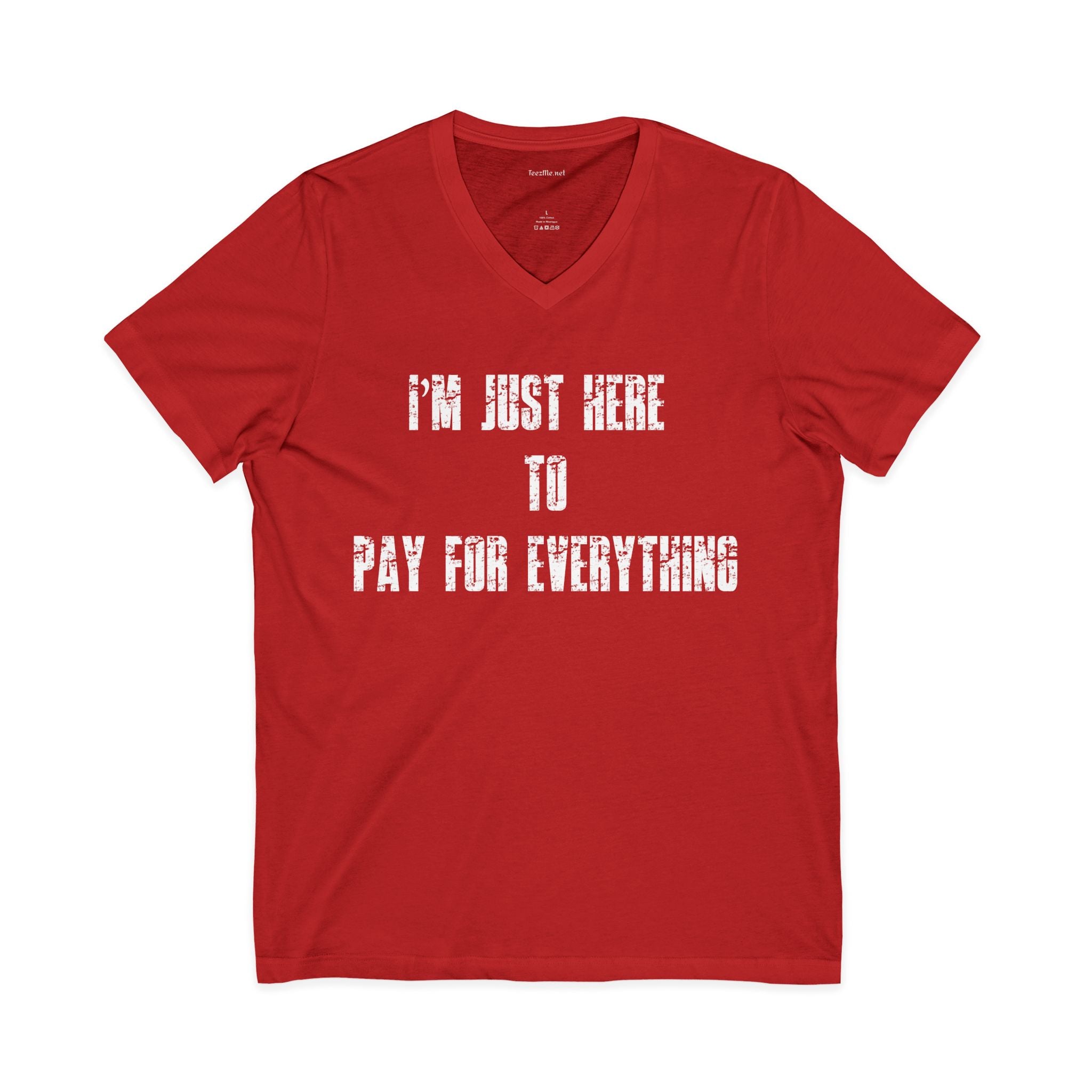 V-Neck Tee — "I'M JUST HERE TO PAY FOR EVERYTHING"  Funny Sarcastic Statement Shirt