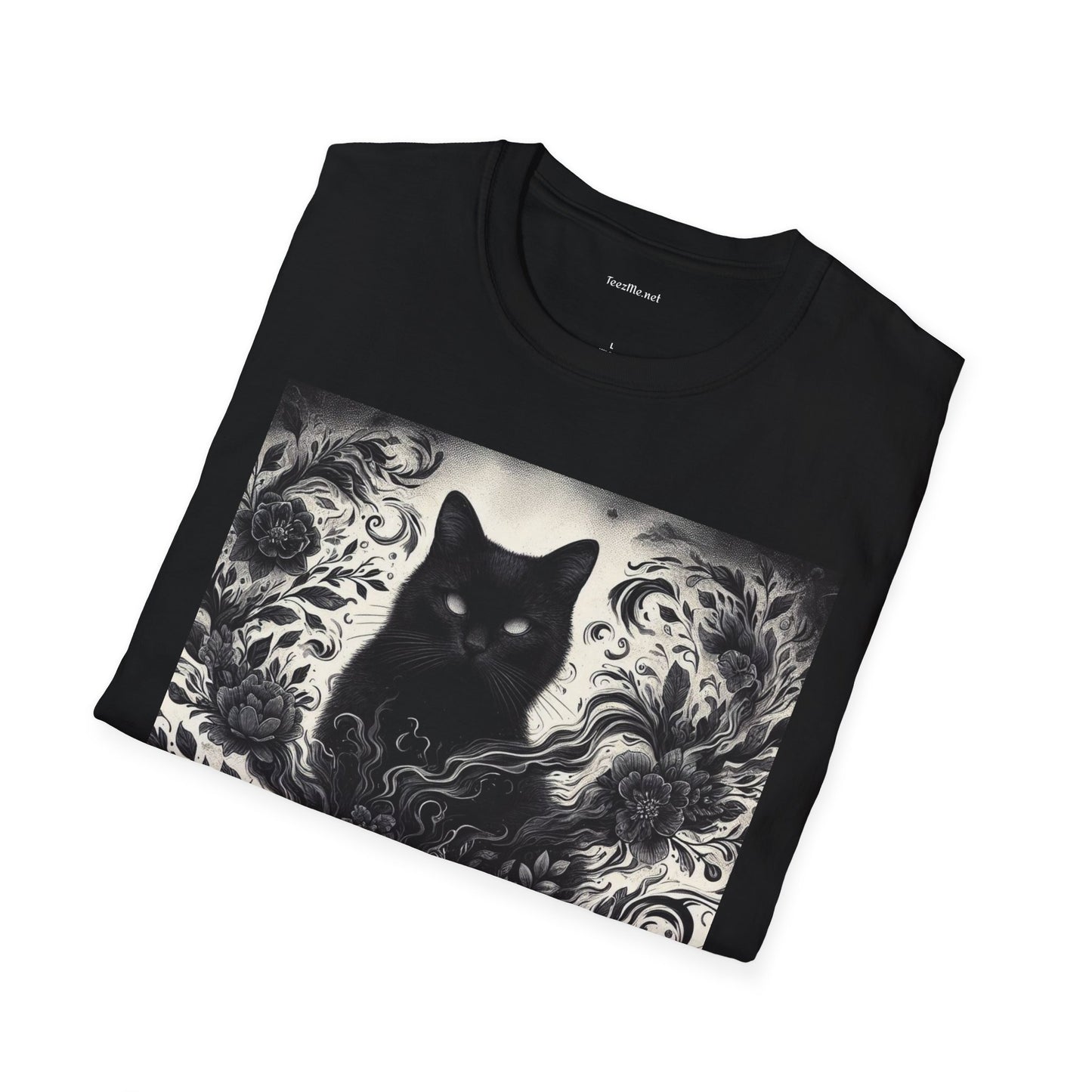 Black Cat Floral -Shirt 100% Cotton Graphic