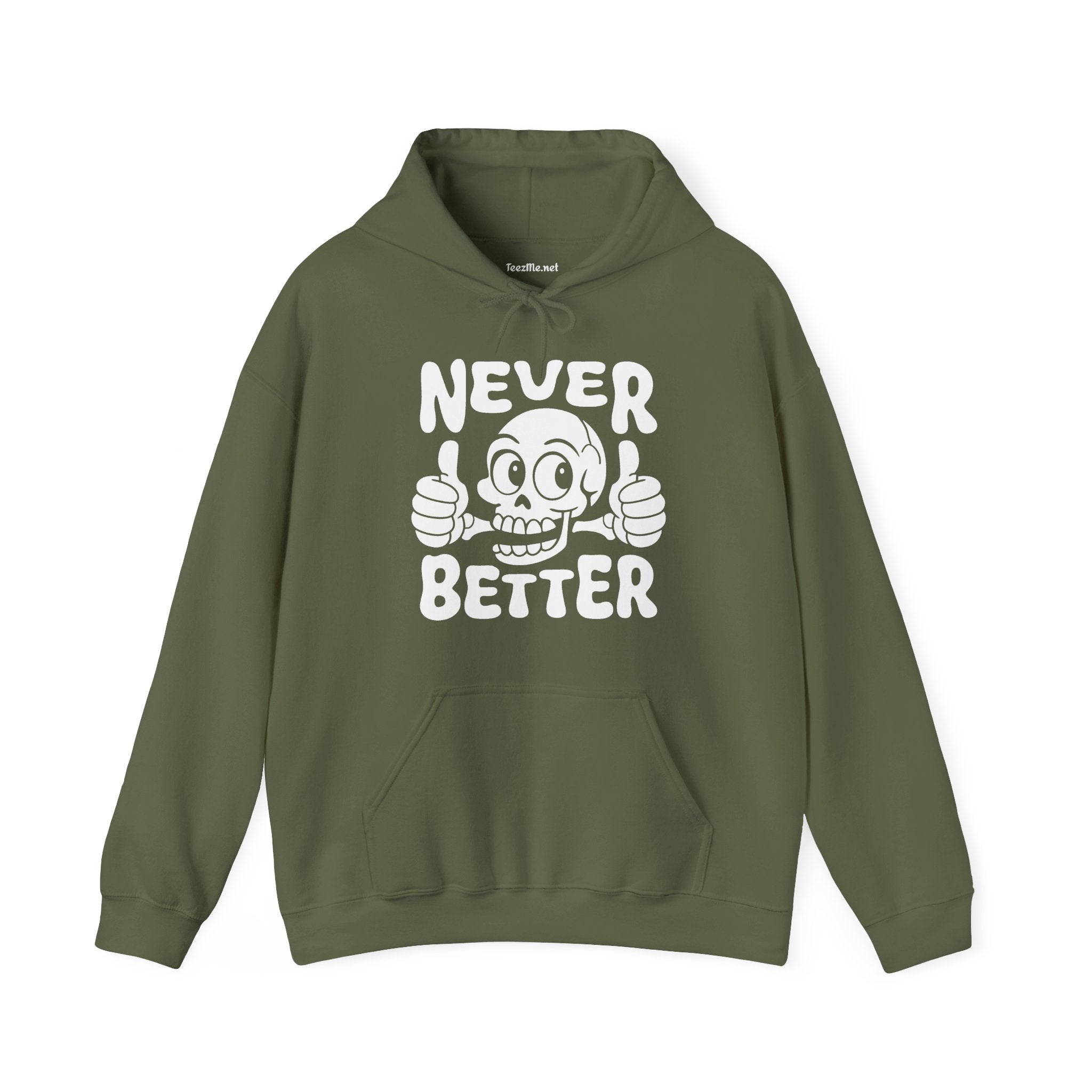 Never Better Skull Hoodie — Retro Thumbs-Up Graphic Pullover