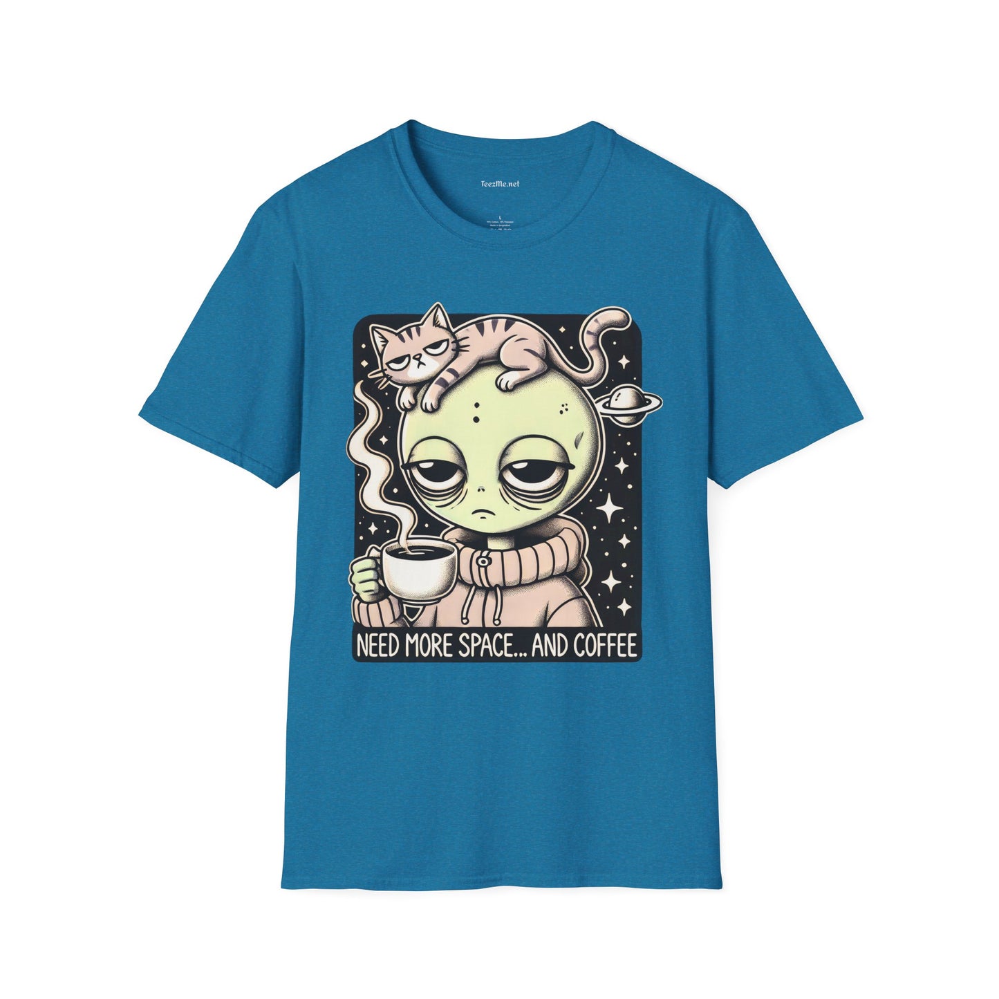 Sleepy Alien with Cat Unisex Softstyle T-Shirt 100% Cotton Graphic