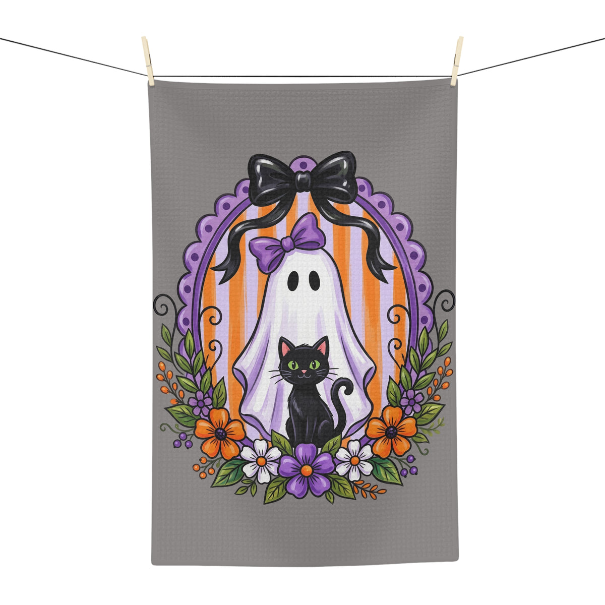 Halloween Ghost & Black Cat Tea Towel — Cute Spooky Gray Kitchen Decor