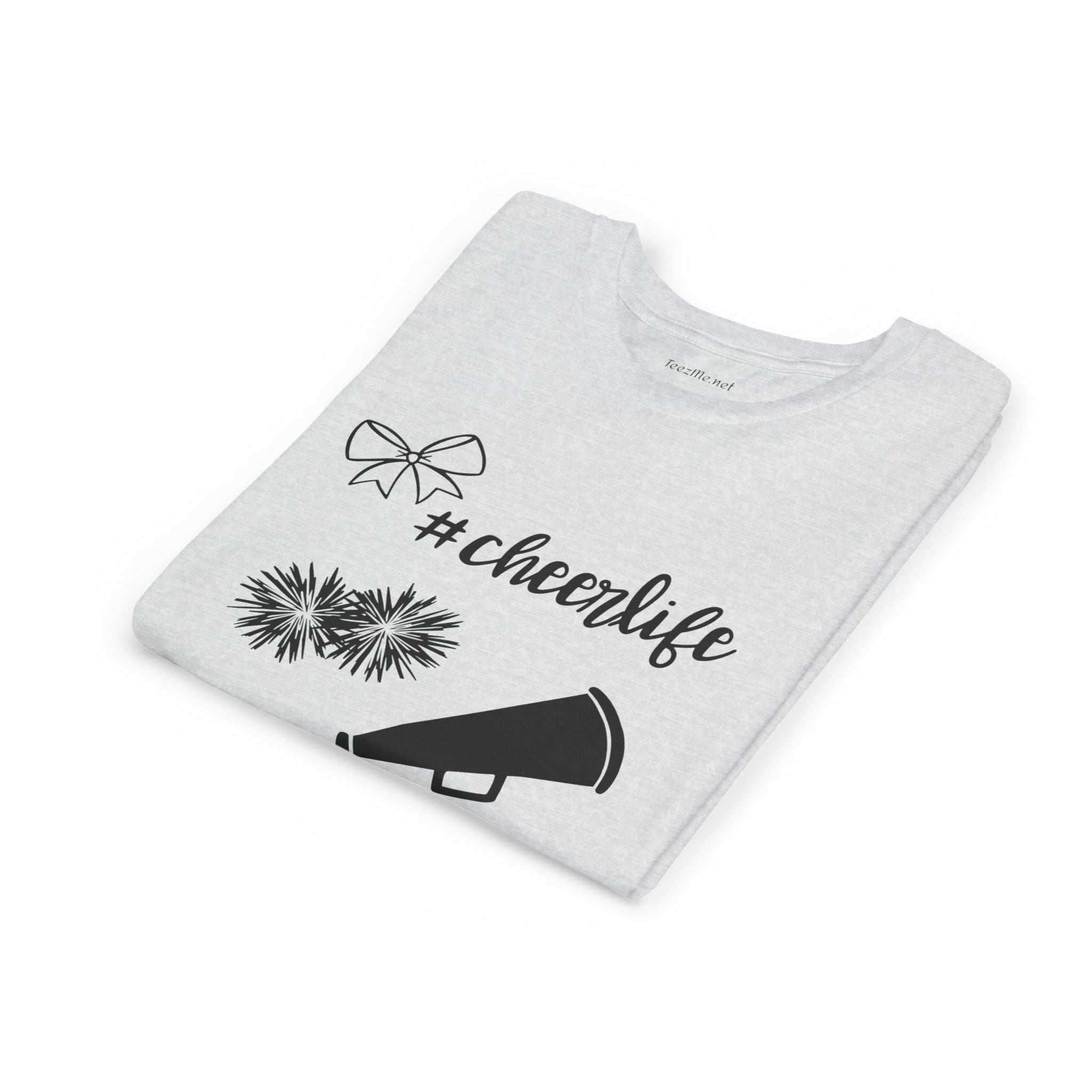 Youth Cheer Tee – "#cheerlife" Megaphone, Pom-Poms & Bow Graphic