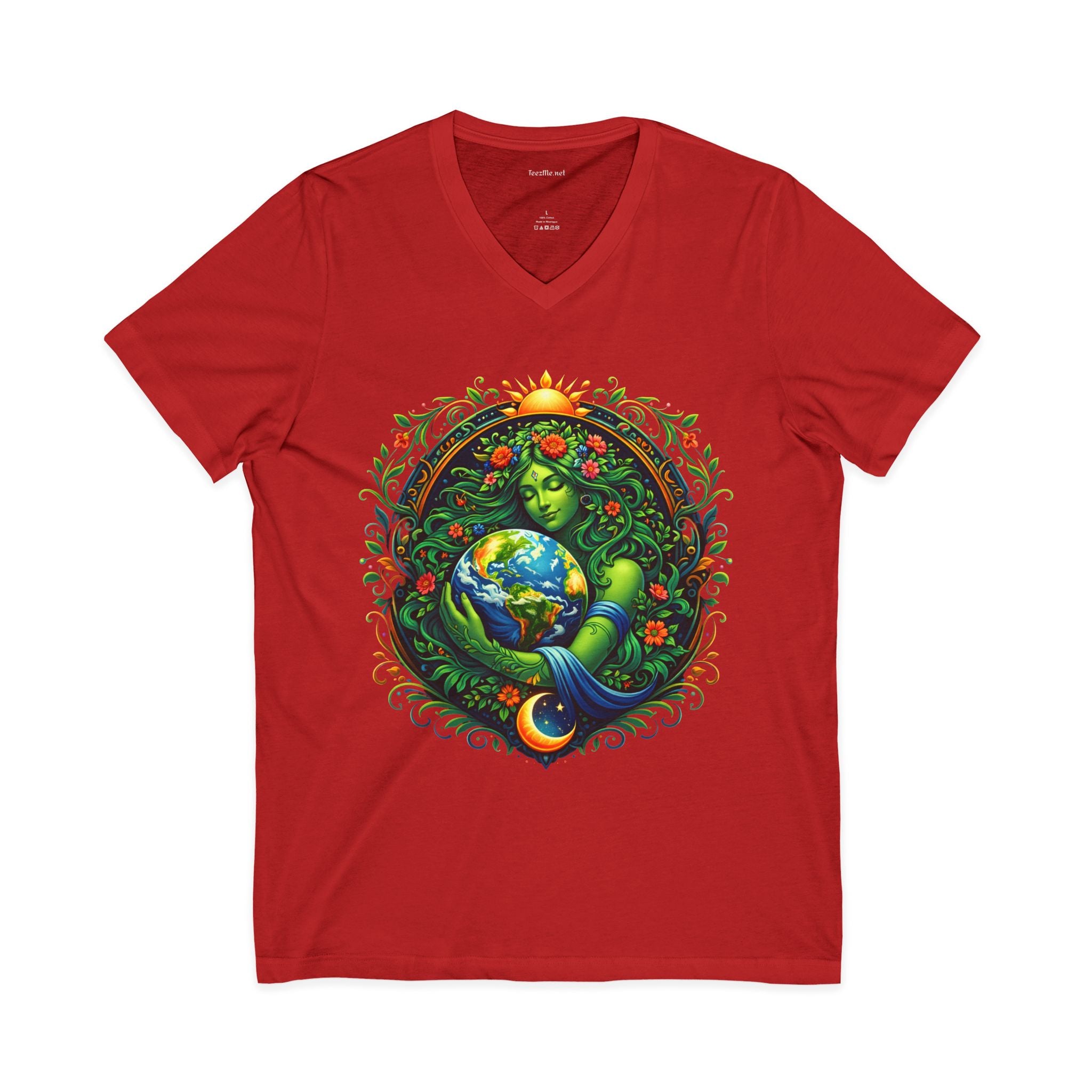 Earth Goddess V-Neck Tee — Mother Nature Embrace Eco Love Shirt