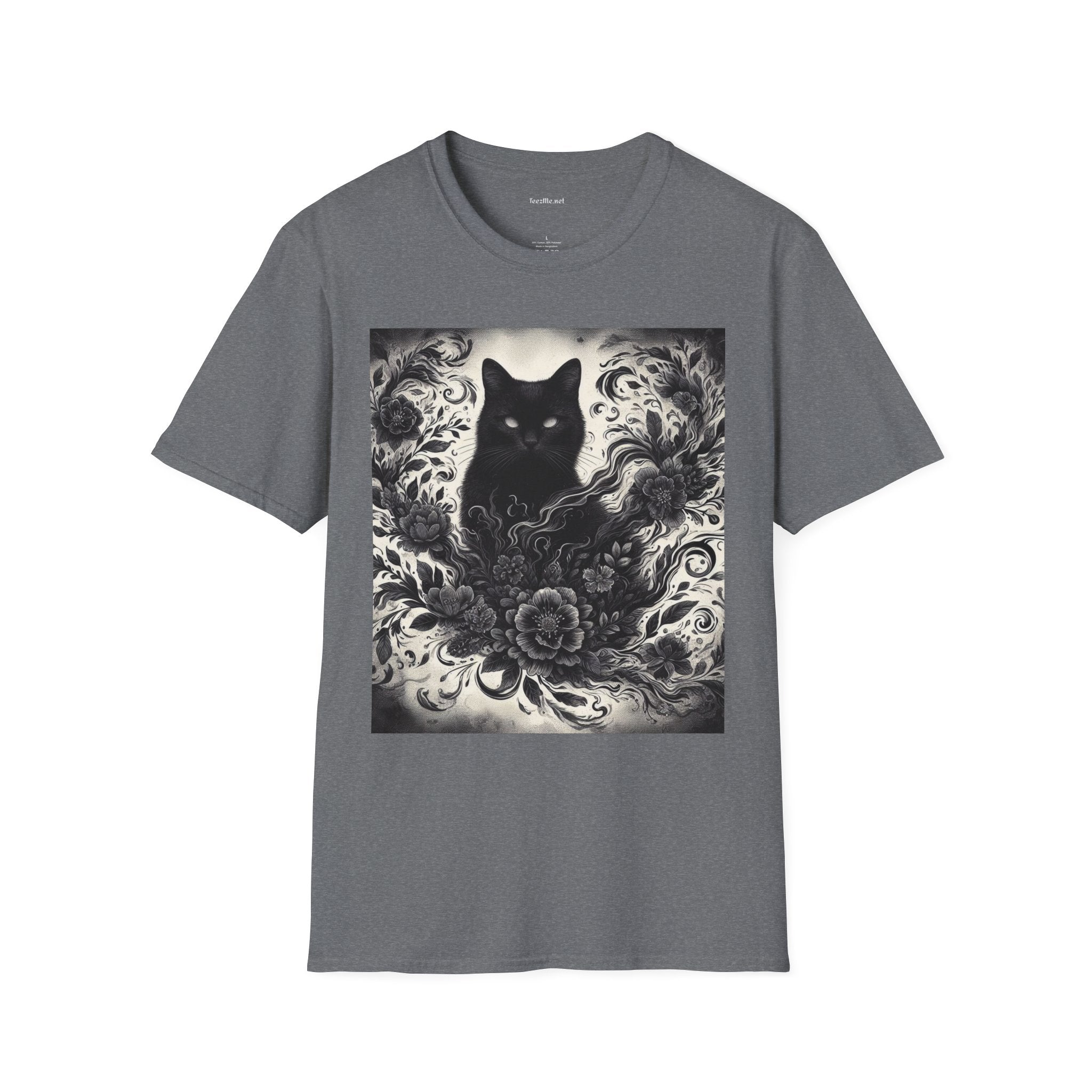 Black Cat Floral -Shirt 100% Cotton Graphic