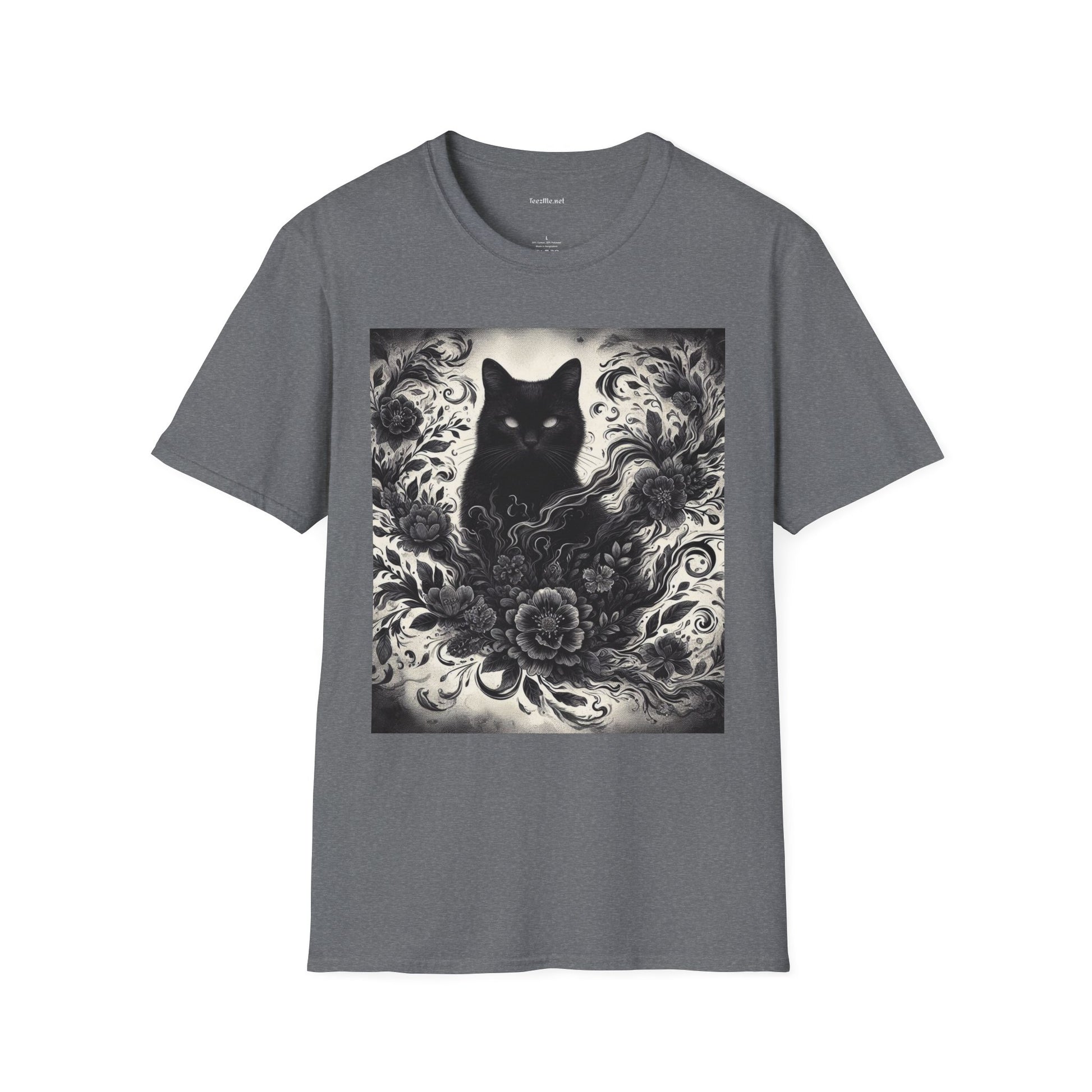 Black Cat Floral -Shirt 100% Cotton Graphic