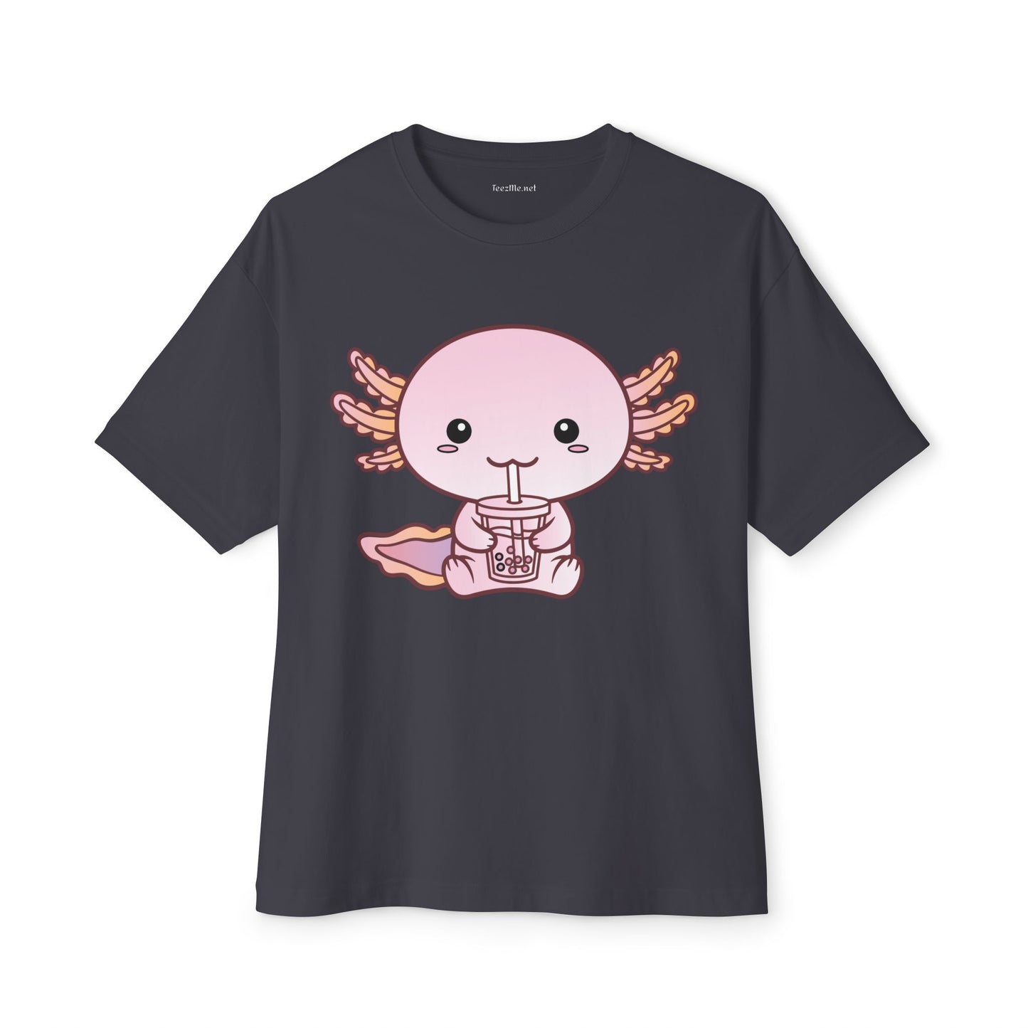 Cute Kawaii Axolotl Drinking Bubble Tea Unisex Oversized Boxy Tee