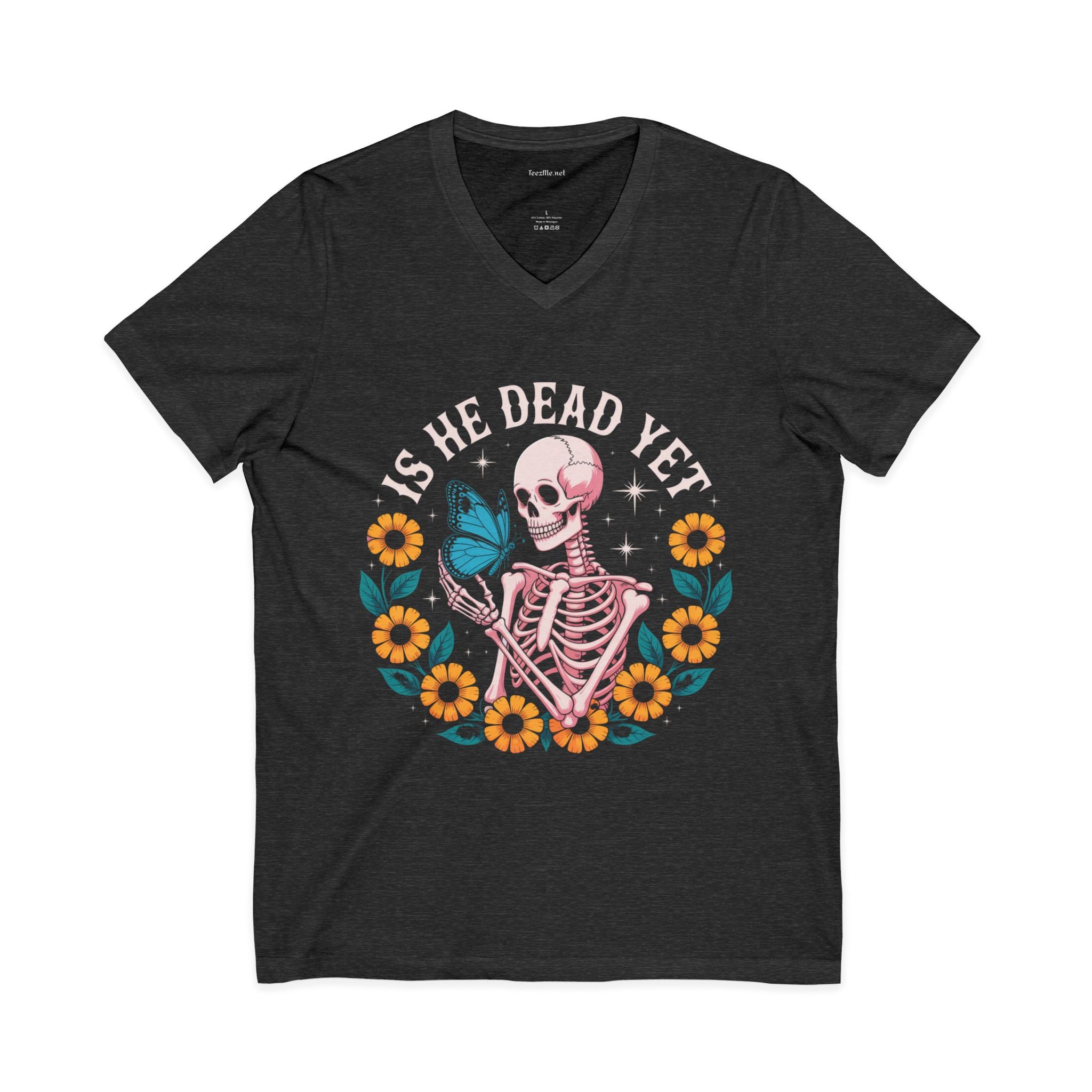 Is He Dead Yet? Skeleton Butterfly V-Neck Tee