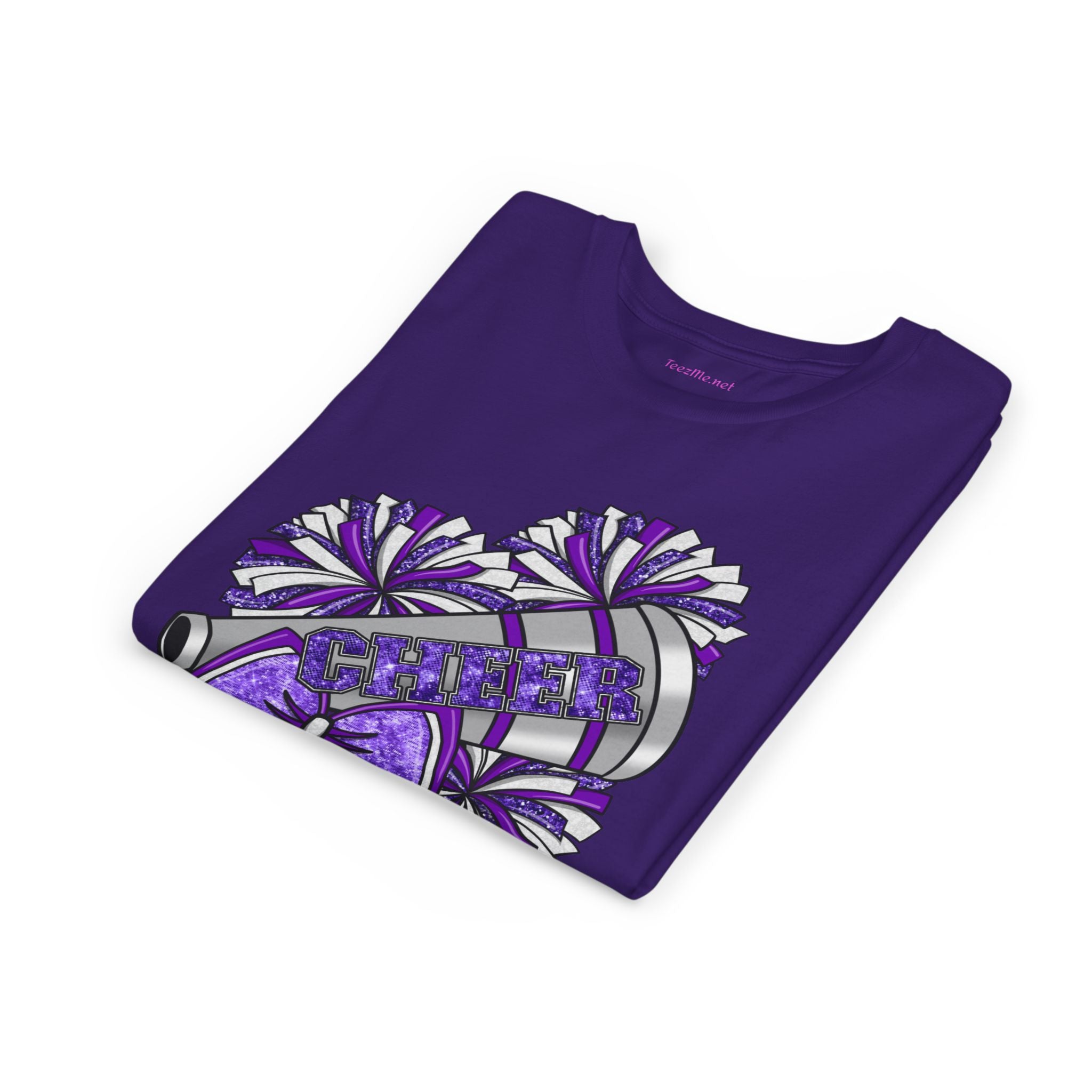 Youth Cheerleader Tee — Purple Pom-Pom & Megaphone Cheer Shirt
