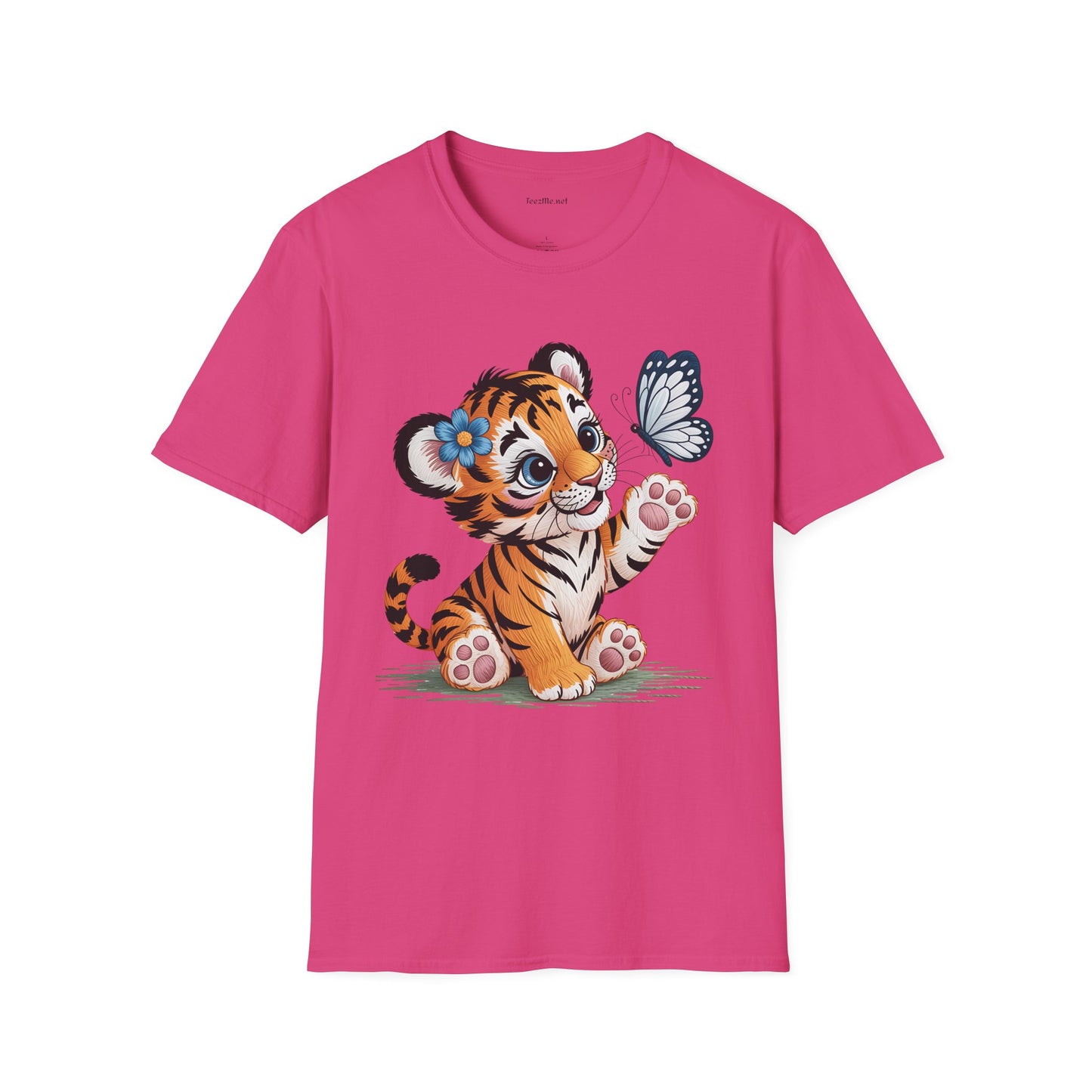 Cute Tiger Cub with Butterfly Unisex Softstyle T-Shirt 100% Cotton Graphic