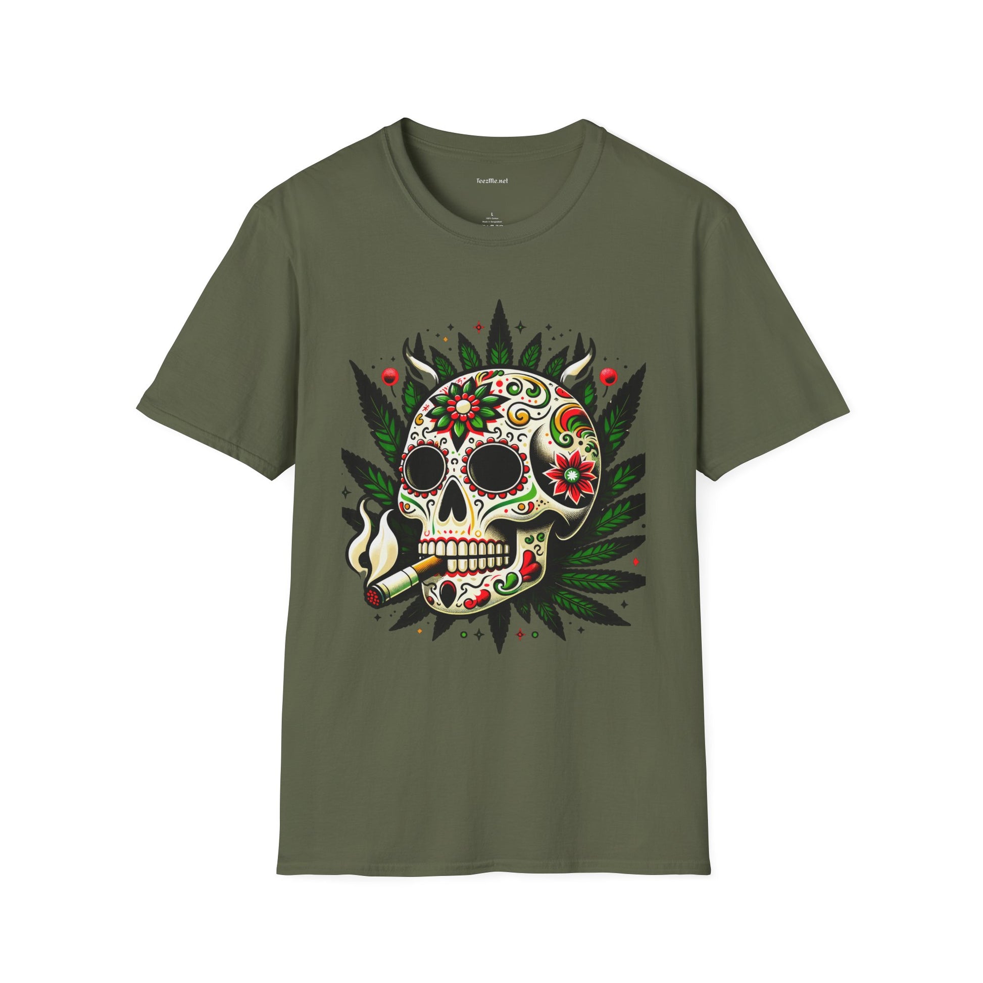 Sugar Skull Smoking Weed Unisex Softstyle T-Shirt 100% Cotton Graphic