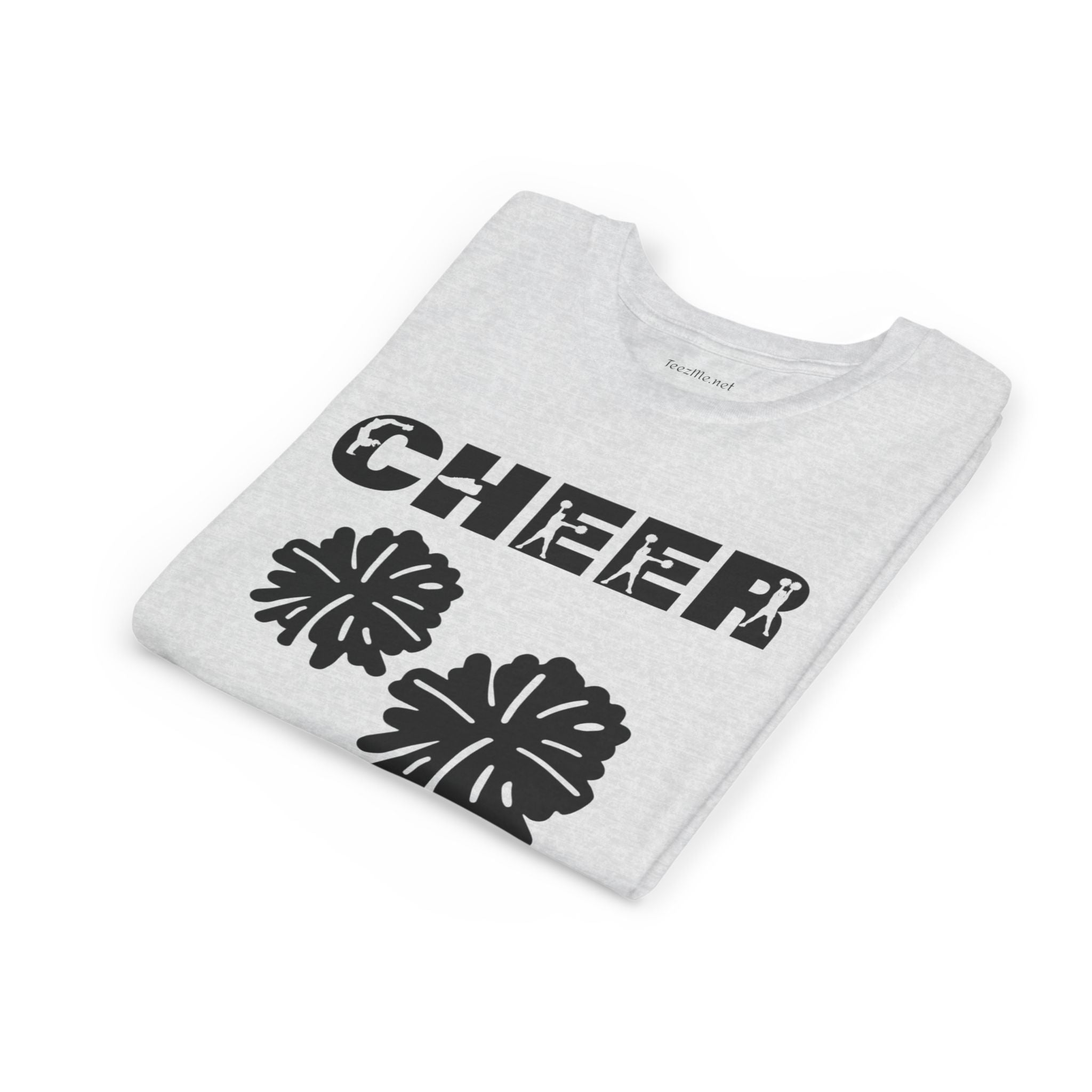 Youth Cheer T‑Shirt – 'CHEER' Graphic with Pom Poms | Kid Cheerleader Tee for Practice & Games