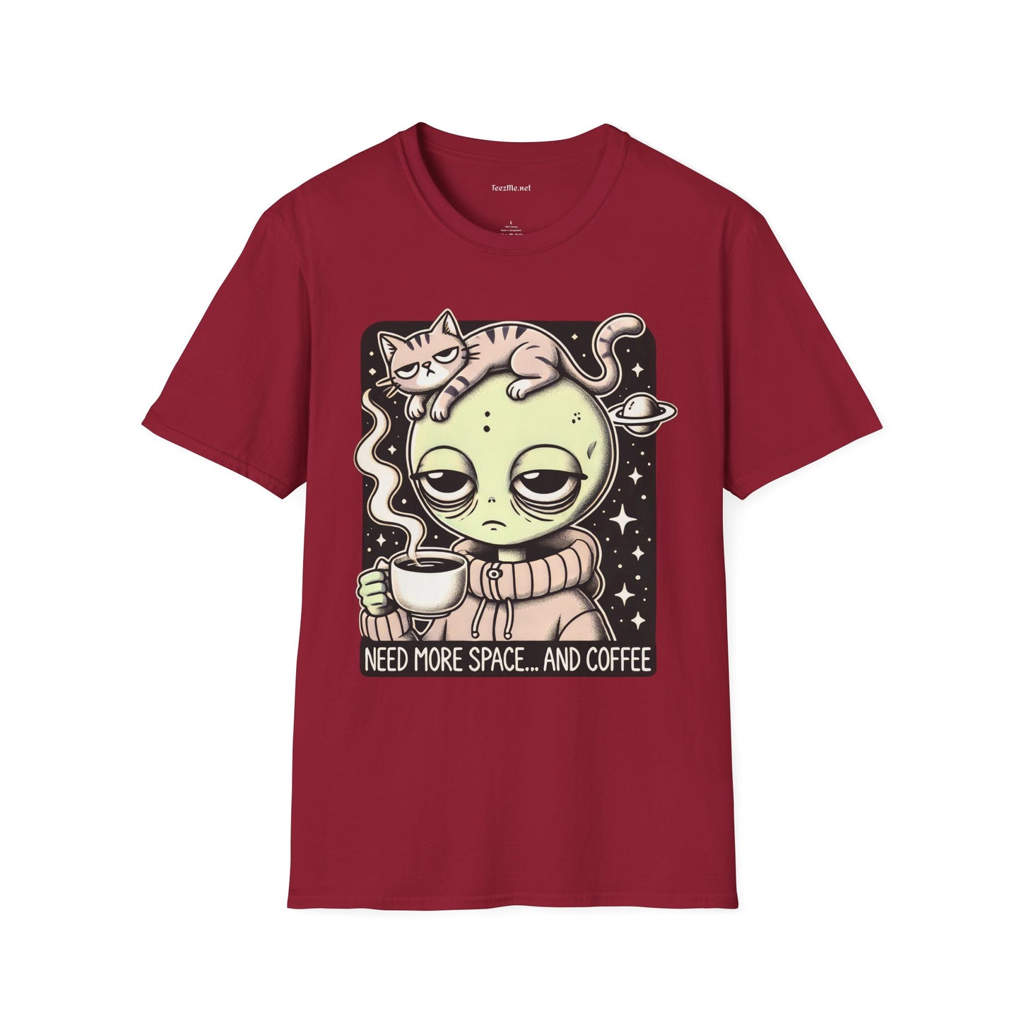 Sleepy Alien with Cat Unisex Softstyle T-Shirt 100% Cotton Graphic