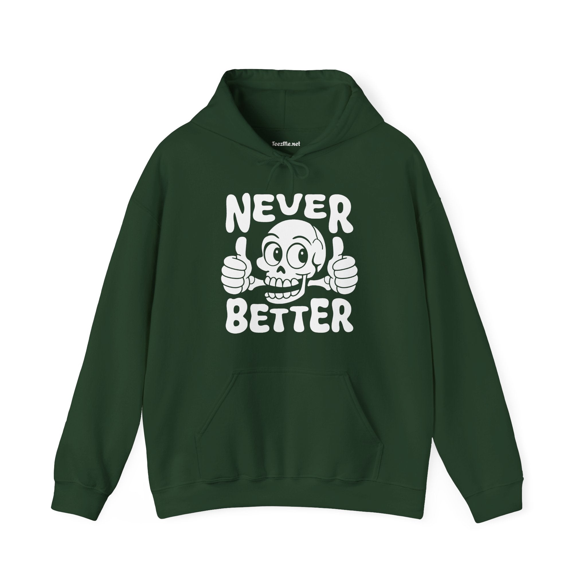 Never Better Skull Hoodie — Retro Thumbs-Up Graphic Pullover