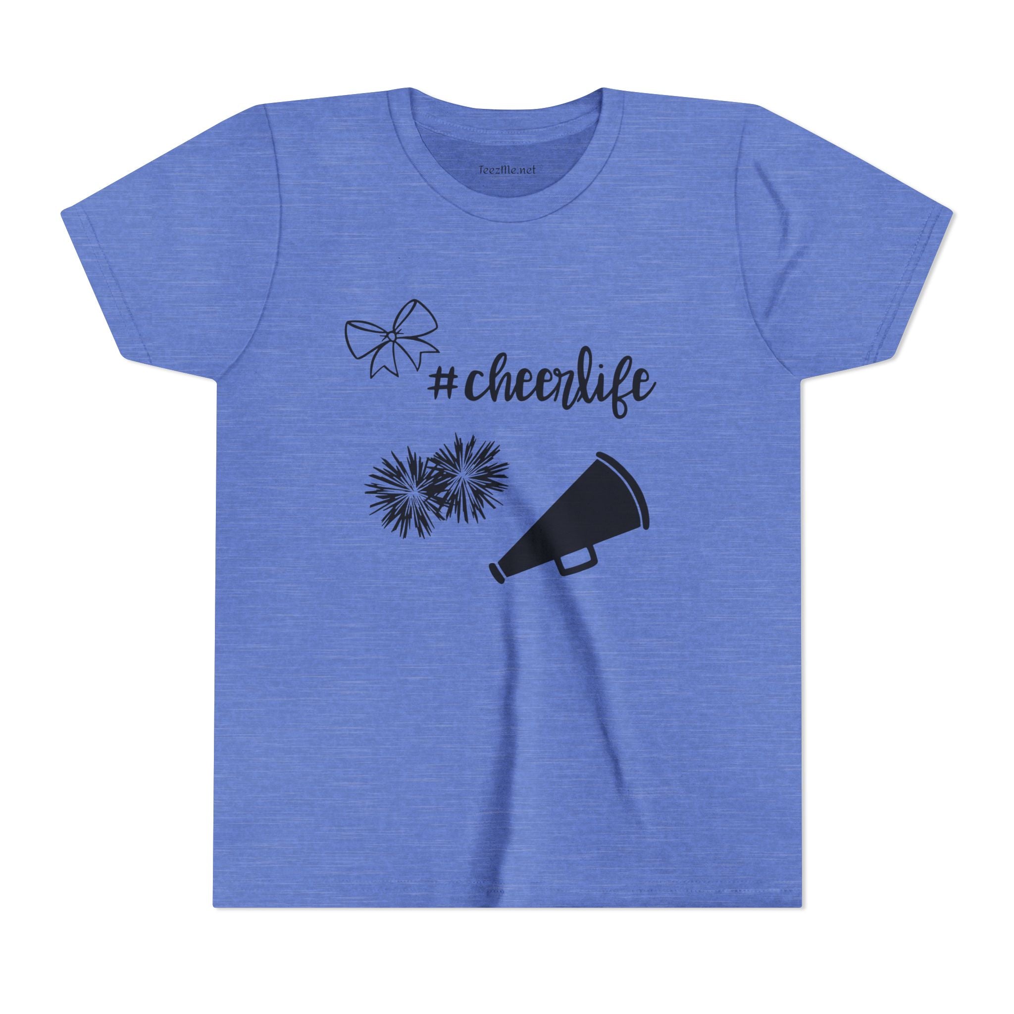 Youth Cheer Tee – "#cheerlife" Megaphone, Pom-Poms & Bow Graphic