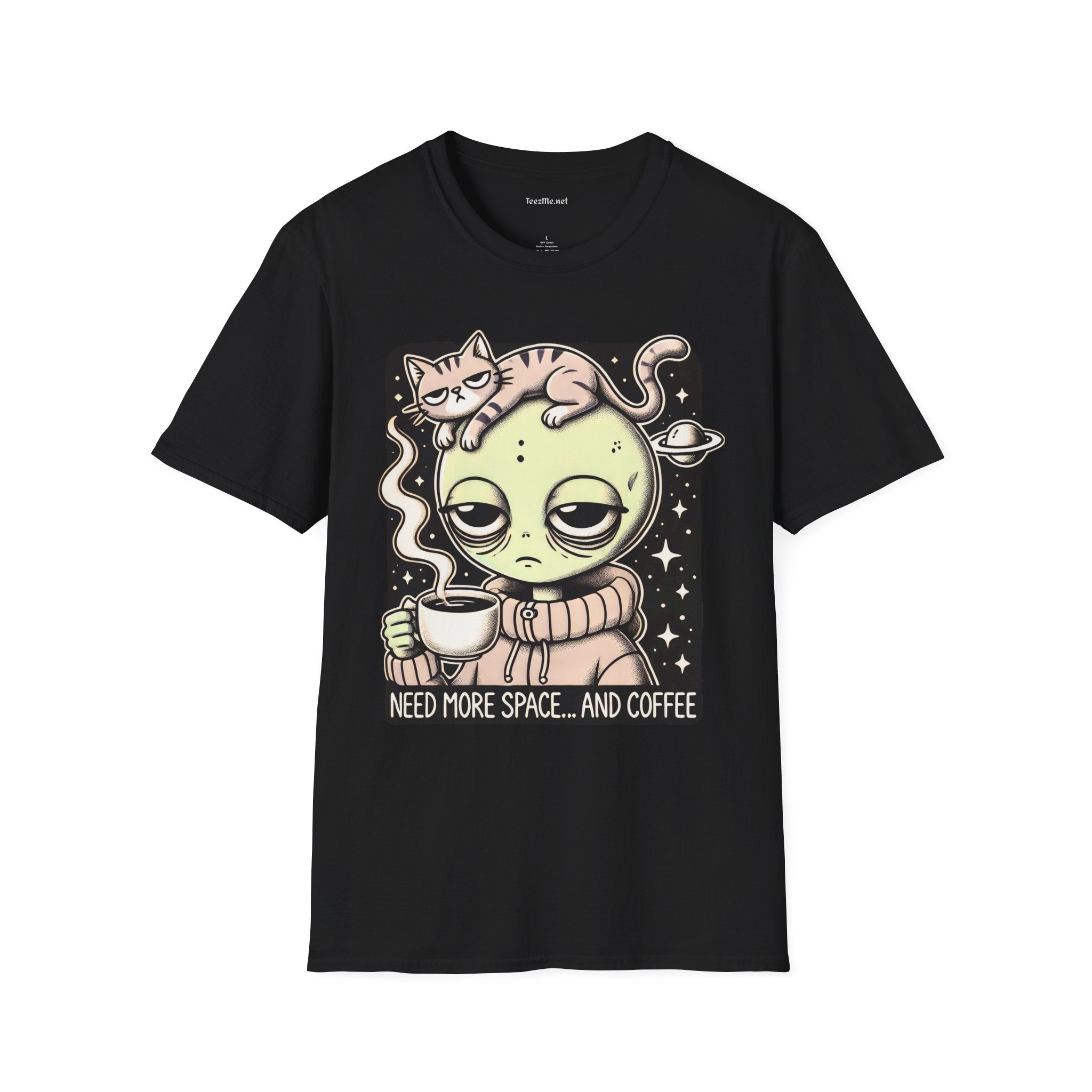 Sleepy Alien with Cat Unisex Softstyle T-Shirt 100% Cotton Graphic