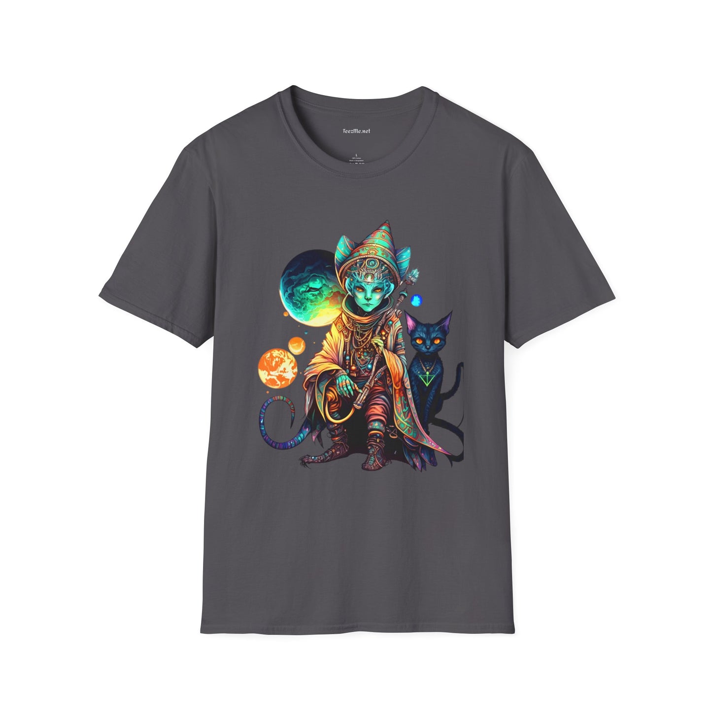 Alien Wizard with Cat Unisex Softstyle T-Shirt 100% Cotton Graphic