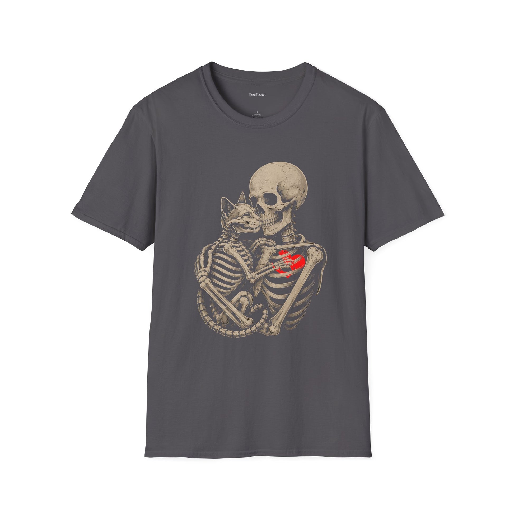 Skeleton Embrace T-Shirt — Gothic Skull & Cat Love Graphic Tee