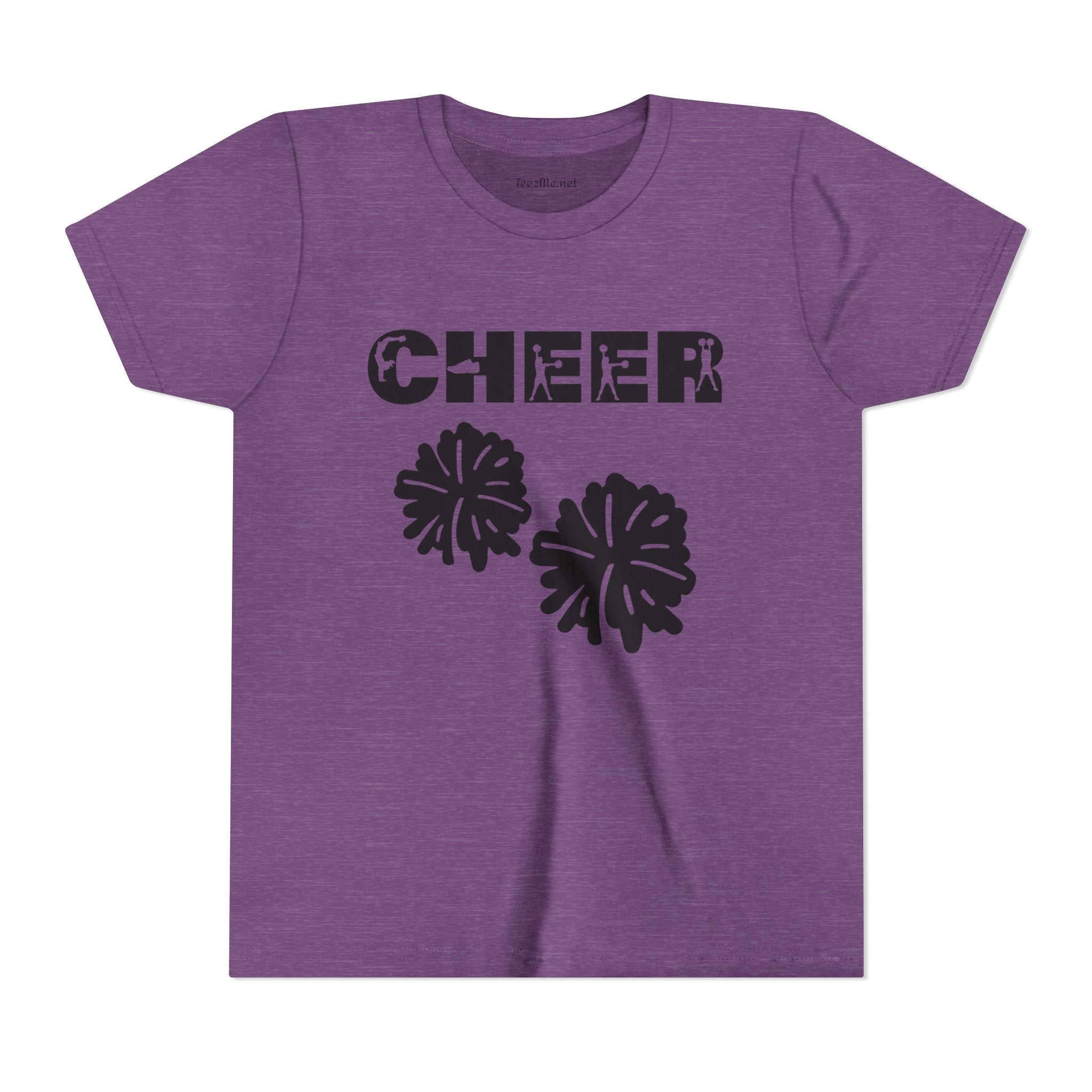 Youth Cheer T‑Shirt – 'CHEER' Graphic with Pom Poms | Kid Cheerleader Tee for Practice & Games