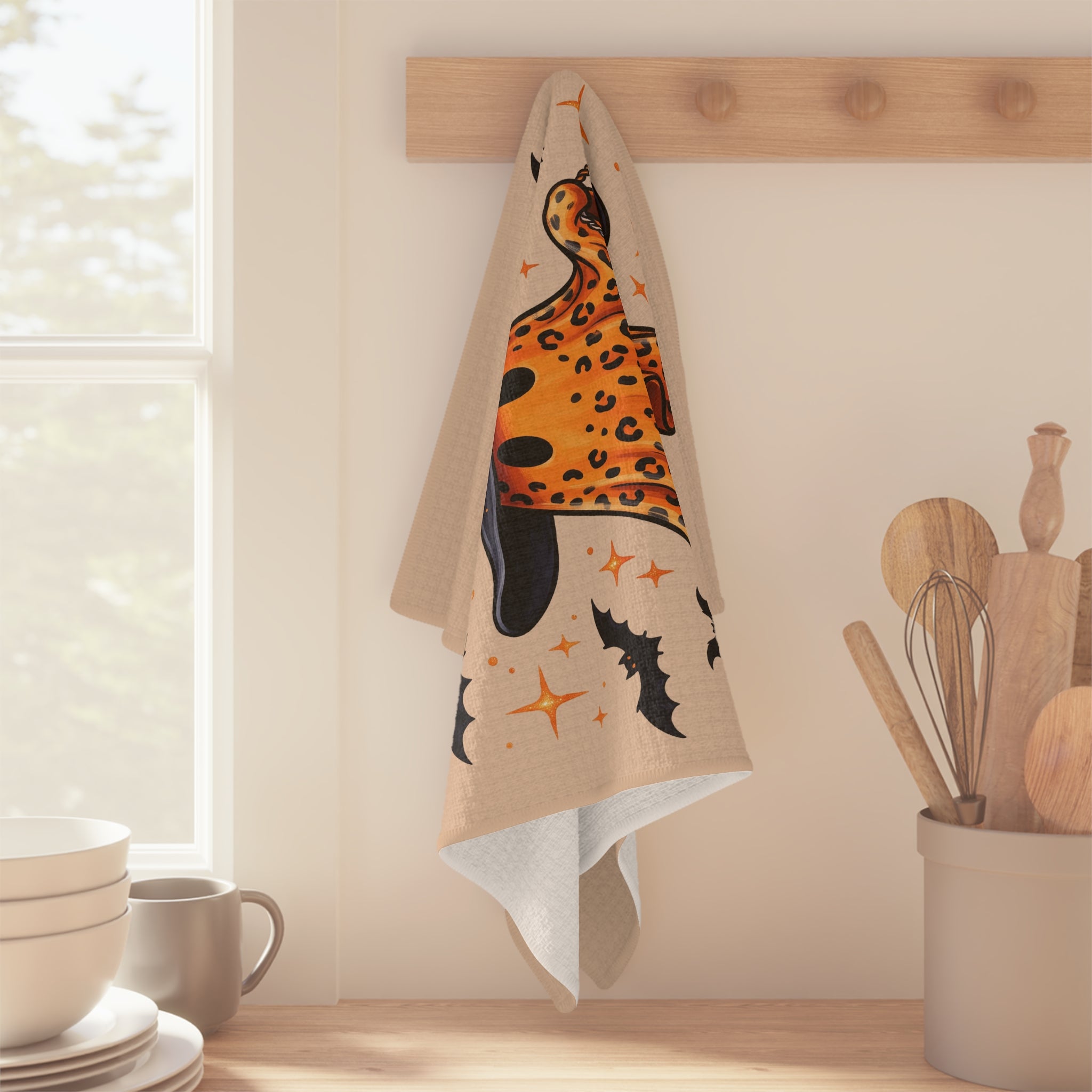 Halloween Leopard Ghost Tea Towel — Cute Witch Hat Pumpkin Trick-or-Treat Kitchen Towel