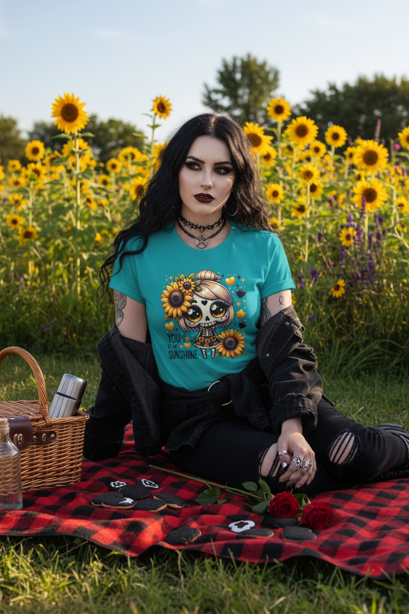 Sunflower Day of the Dead Tee — "You Are My Sunshine" Cute Sugar Skull Shirt
