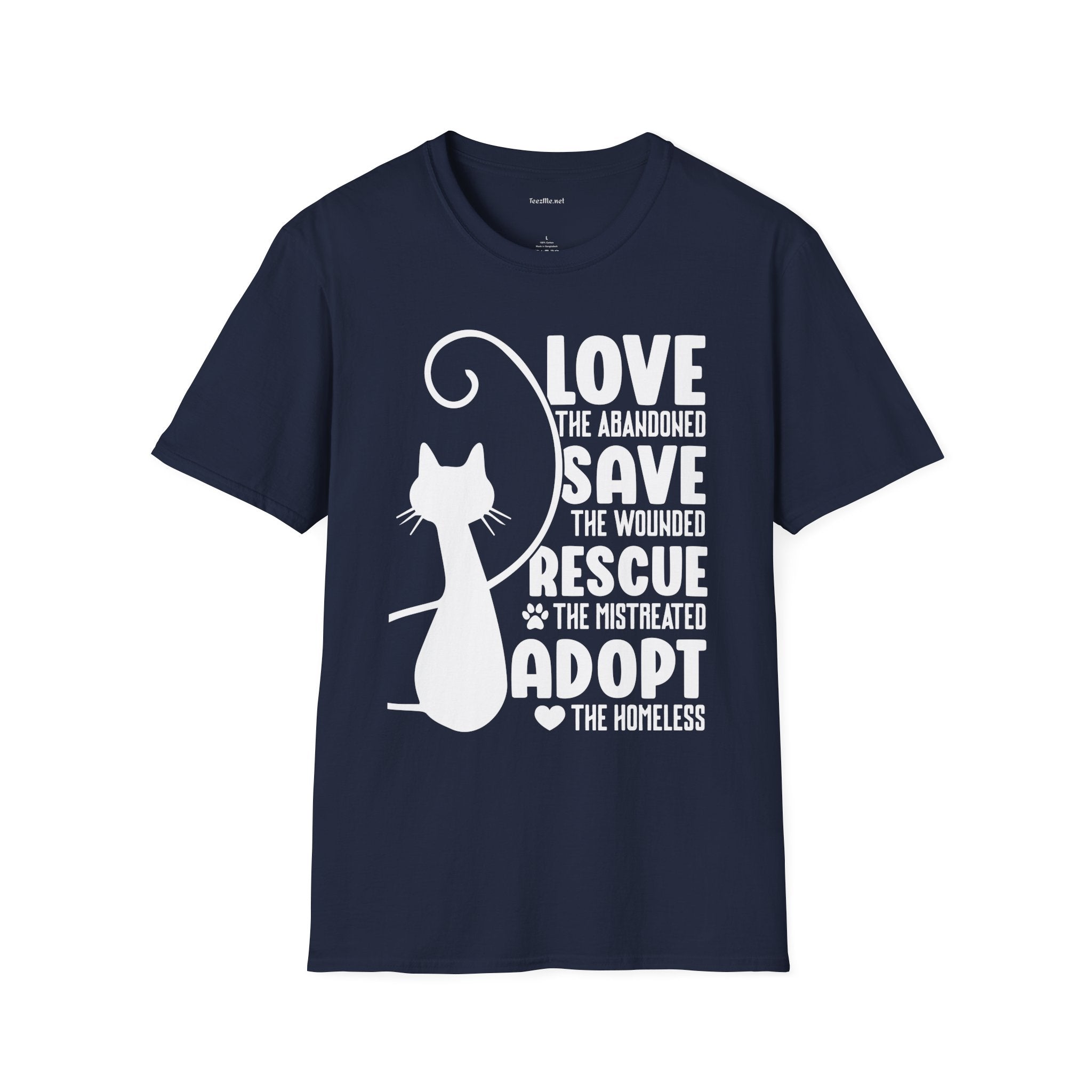 Cat Rescue T-Shirt — "Love the Abandoned, Save the Wounded" Adoption Tee