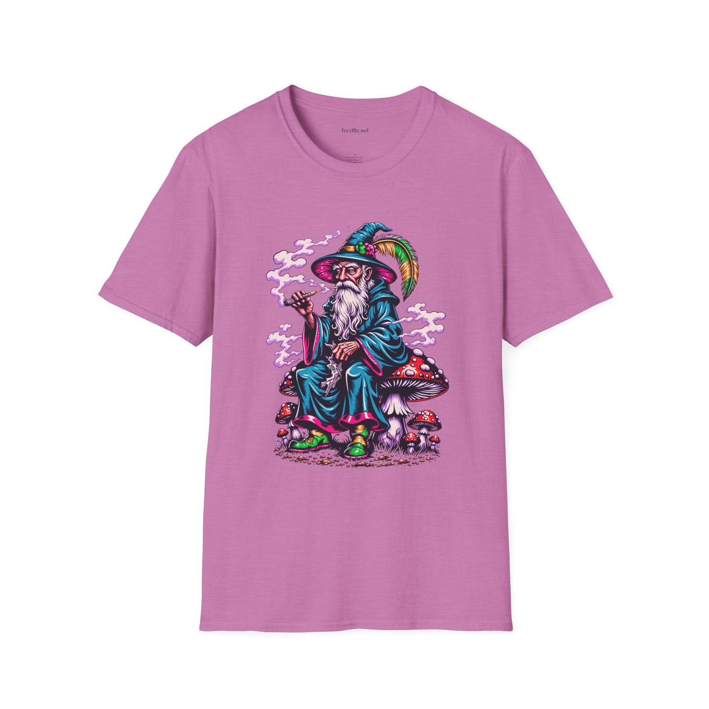 Psychedelic Smoking Wizard on Mushrooms Fantasy Unisex Softstyle T-Shirt 100% Cotton Graphic