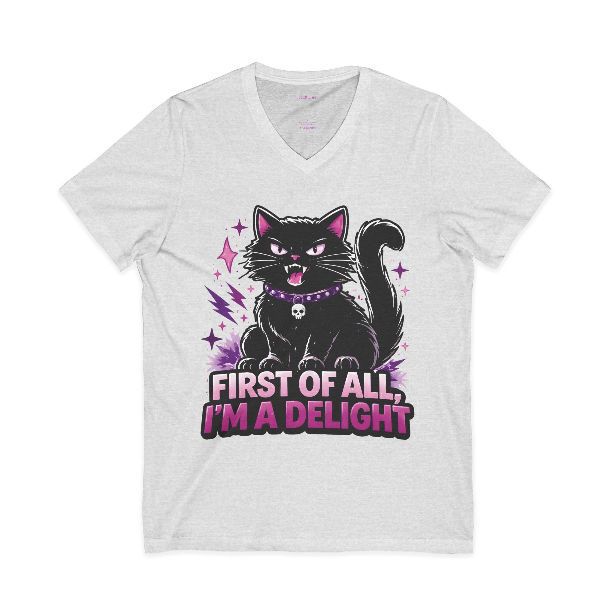 Cat Tee — "First of All I'm a Delight" V‑Neck