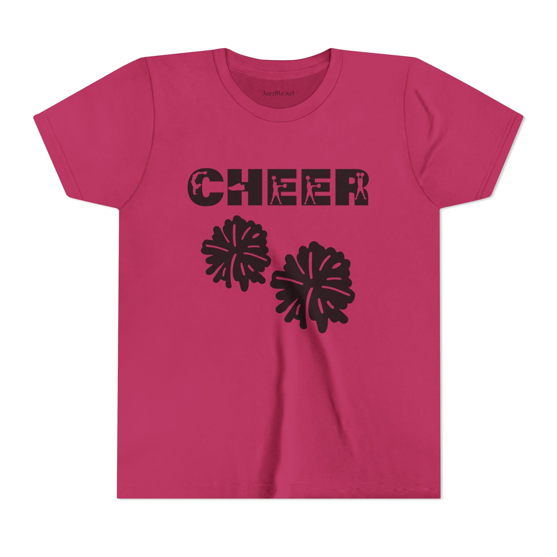 Youth Cheer T‑Shirt – 'CHEER' Graphic with Pom Poms | Kid Cheerleader Tee for Practice & Games